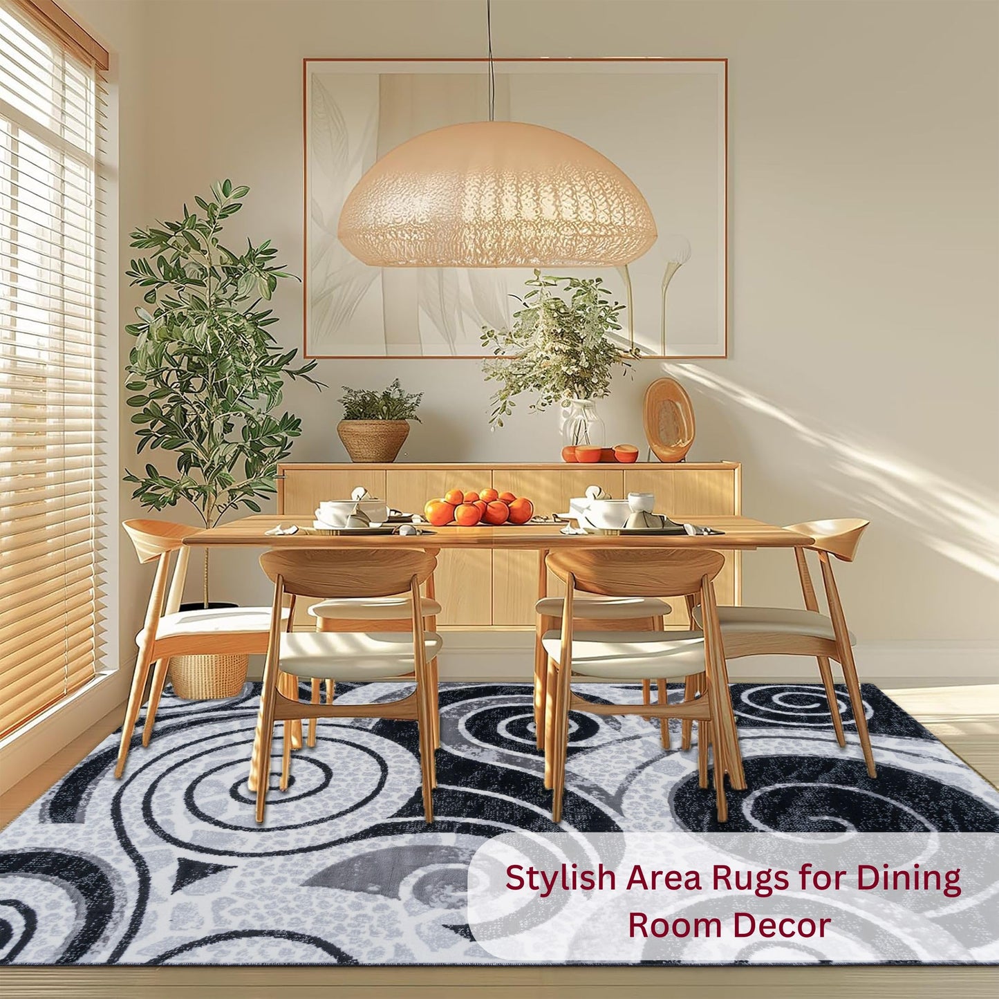 Dining room with the Black Swirl Turkish rug placed under a modern dining table and chairs, highlighting its bold marble-like pattern and easy-to-clean surface