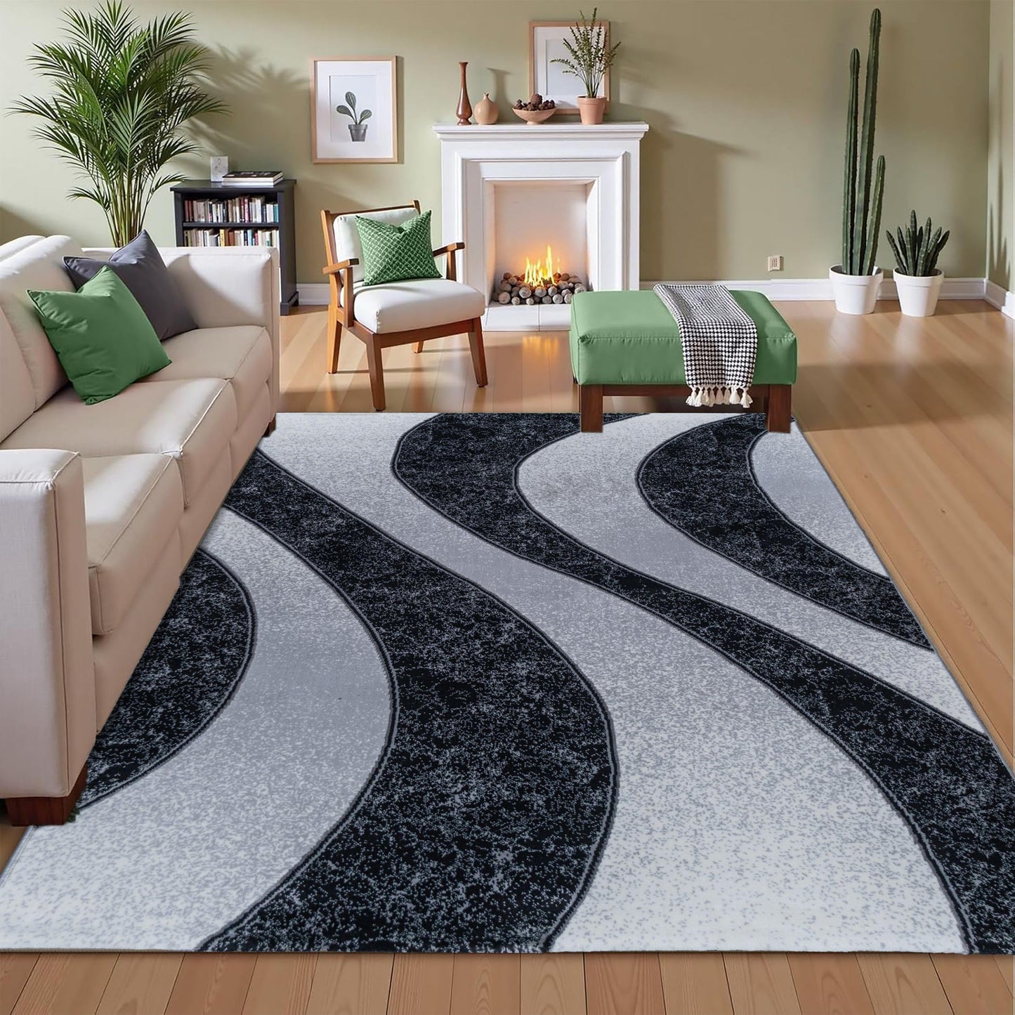Modern medium-pile Black Wave Turkish rug with a black wave design, placed on a wooden floor in a cozy room featuring a couch and armchair