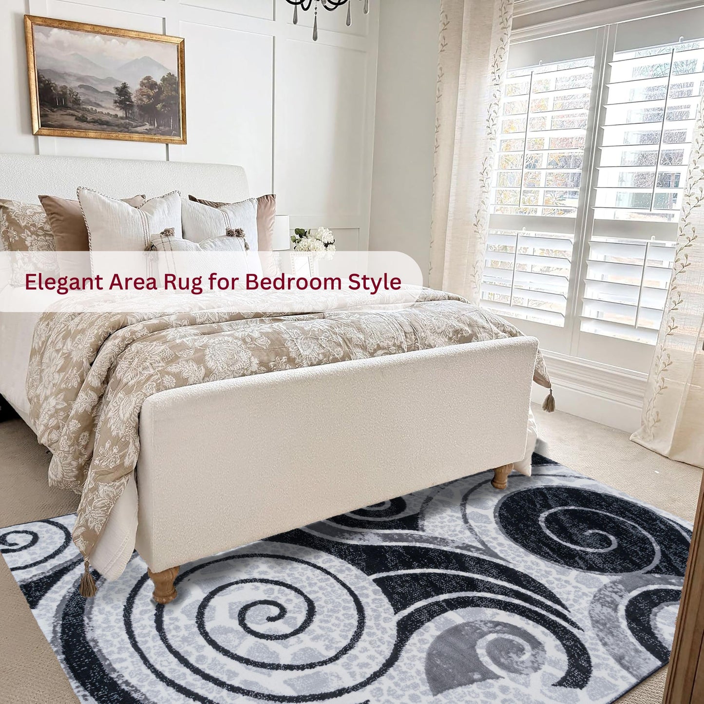 Bedroom featuring the Black Swirl Turkish rug jute backing, partially placed under a bed with neutral bedding for a sleek, modern feel