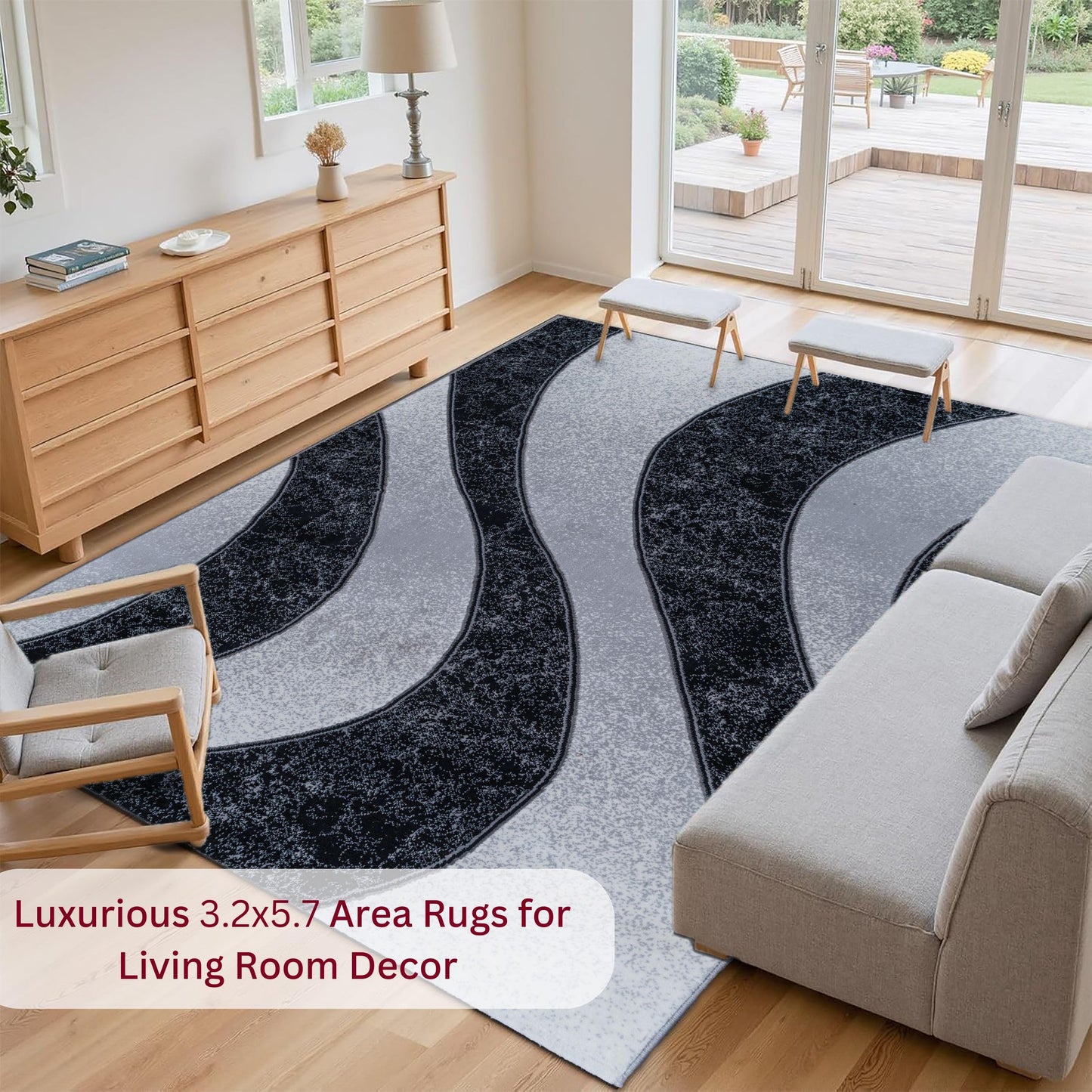 Luxurious 3.2x5.7 ft Black Wave Turkish rug used as a stylish focal point in a living room with a sofa, perfect for modern home decor
