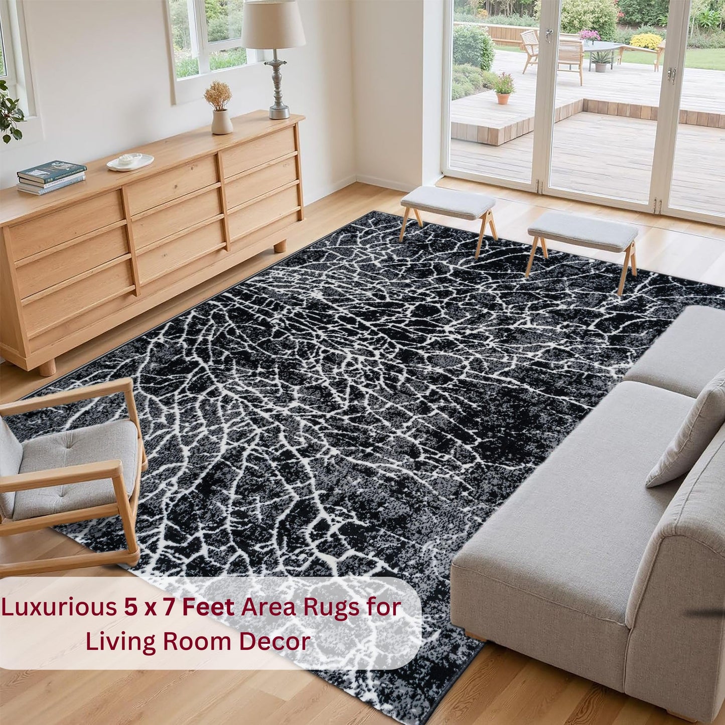 CoziRita Area Rugs for Living Room Carpet - Modern Abstract Rug for Dining Room, Carpet for Bedroom, Office - Non-Shedding Medium Pile Rugs for High Traffic Areas - Jute Backing - Black Lava