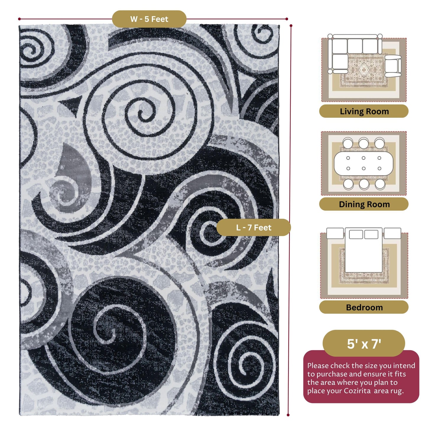Black Swirl Turkish rug displayed with measurements and recommended room sizes for living room, bedroom, and dining area, ideal for layout and fit visualization