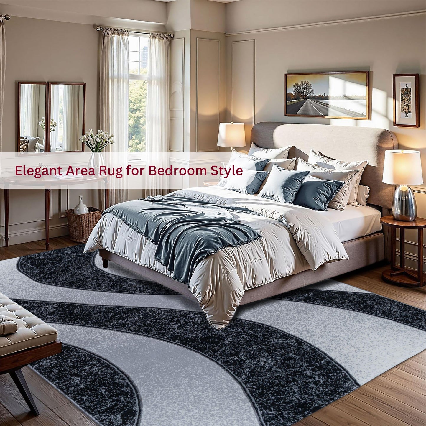 Bedroom featuring the Black Wave Turkish rug with a modern geometric pattern, placed under a bed with neutral bedding to create a bold yet cozy foundation
