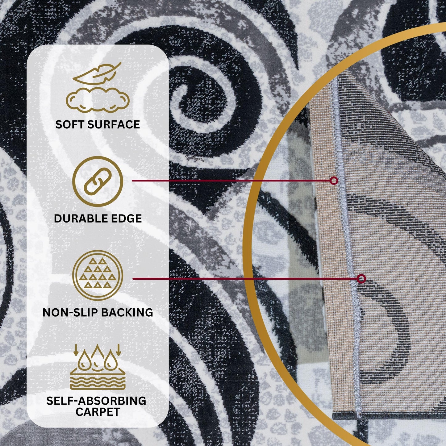 Black Swirl Turkish rug with a soft surface, durable edges, non-slip jute backing, and self-absorbing carpet construction for added comfort and stability