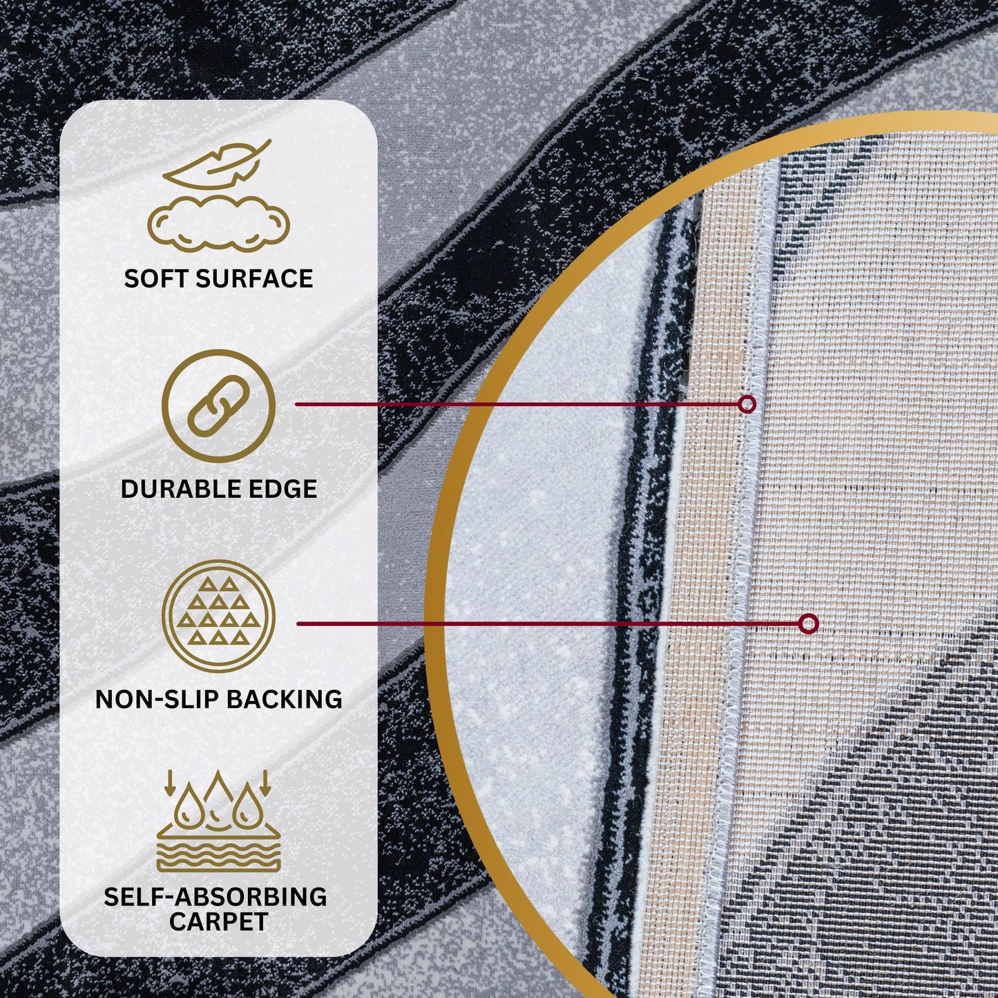 Black Wave Turkish rug with a soft surface, durable edges, non-slip jute backing, and self-absorbing carpet construction for added comfort and stability