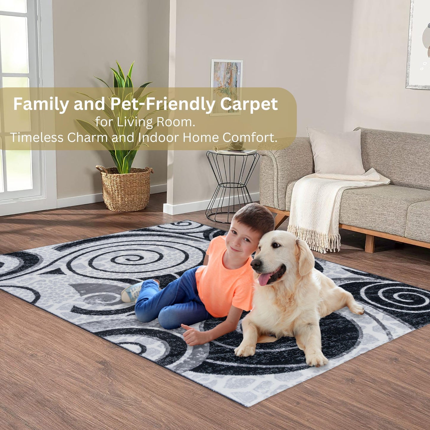 Family-friendly living room featuring the Black Swirl Turkish rug, with a young boy and dog sitting on its soft surface—offering timeless charm and cozy indoor comfort