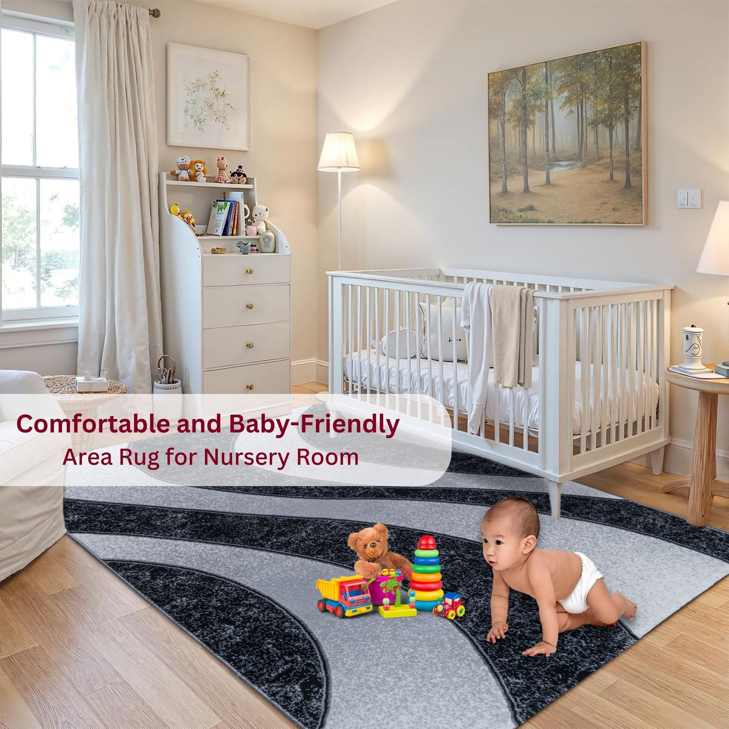 A comfortable and baby-friendly Black Wave Turkish rug placed in a nursery room, with a baby playing on the soft medium-pile surface for a cozy and safe play area