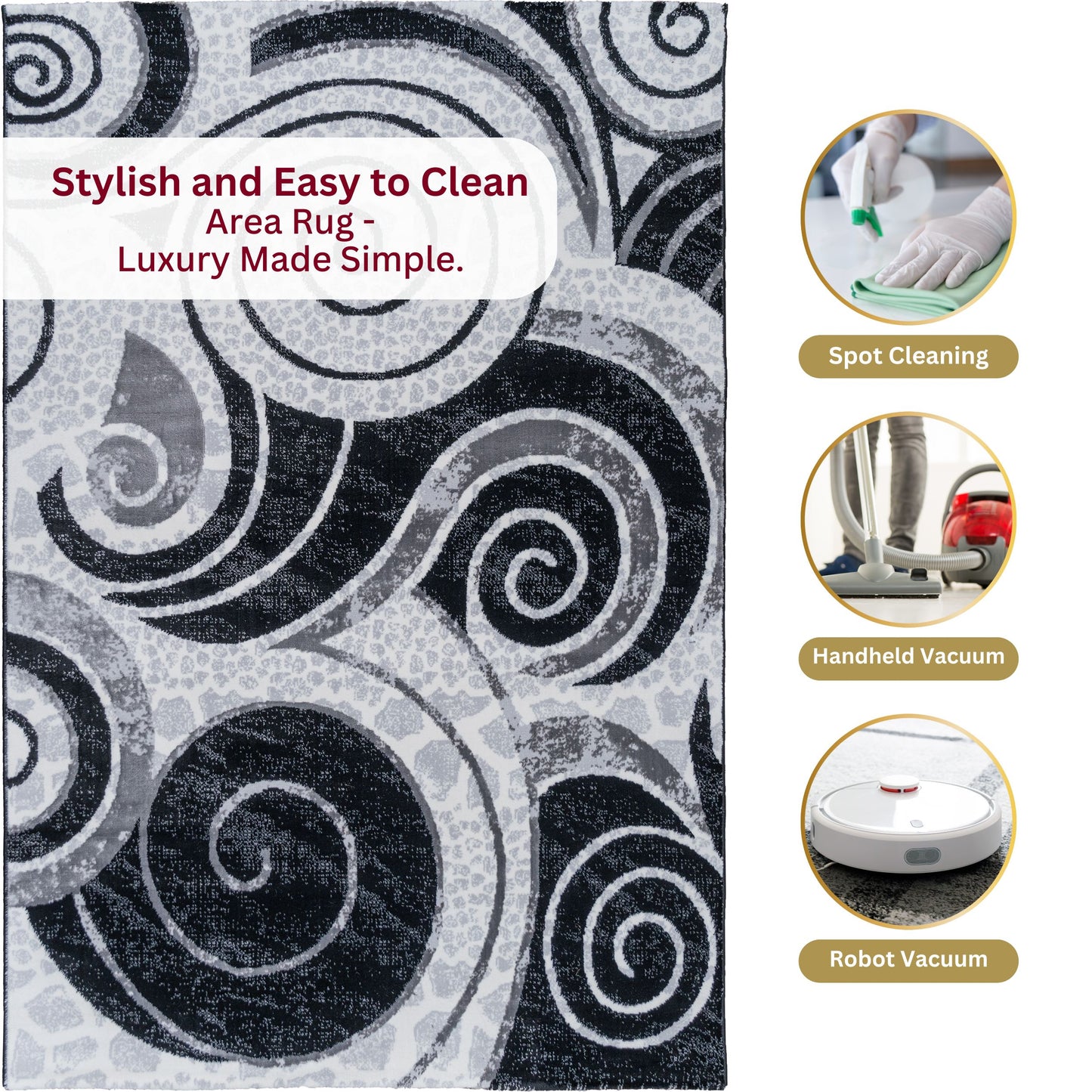 Stylish and easy-to-clean Black Wave Turkish rug with luxury made simple; shown with spot cleaning, handheld vacuum, and robot vacuum icons for low-maintenance care