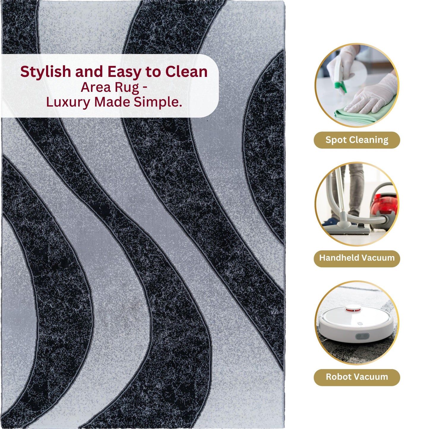 Stylish and easy-to-clean Black Wave Turkish rug with luxury made simple; shown with spot cleaning, handheld vacuum, and robot vacuum icons for low-maintenance care
