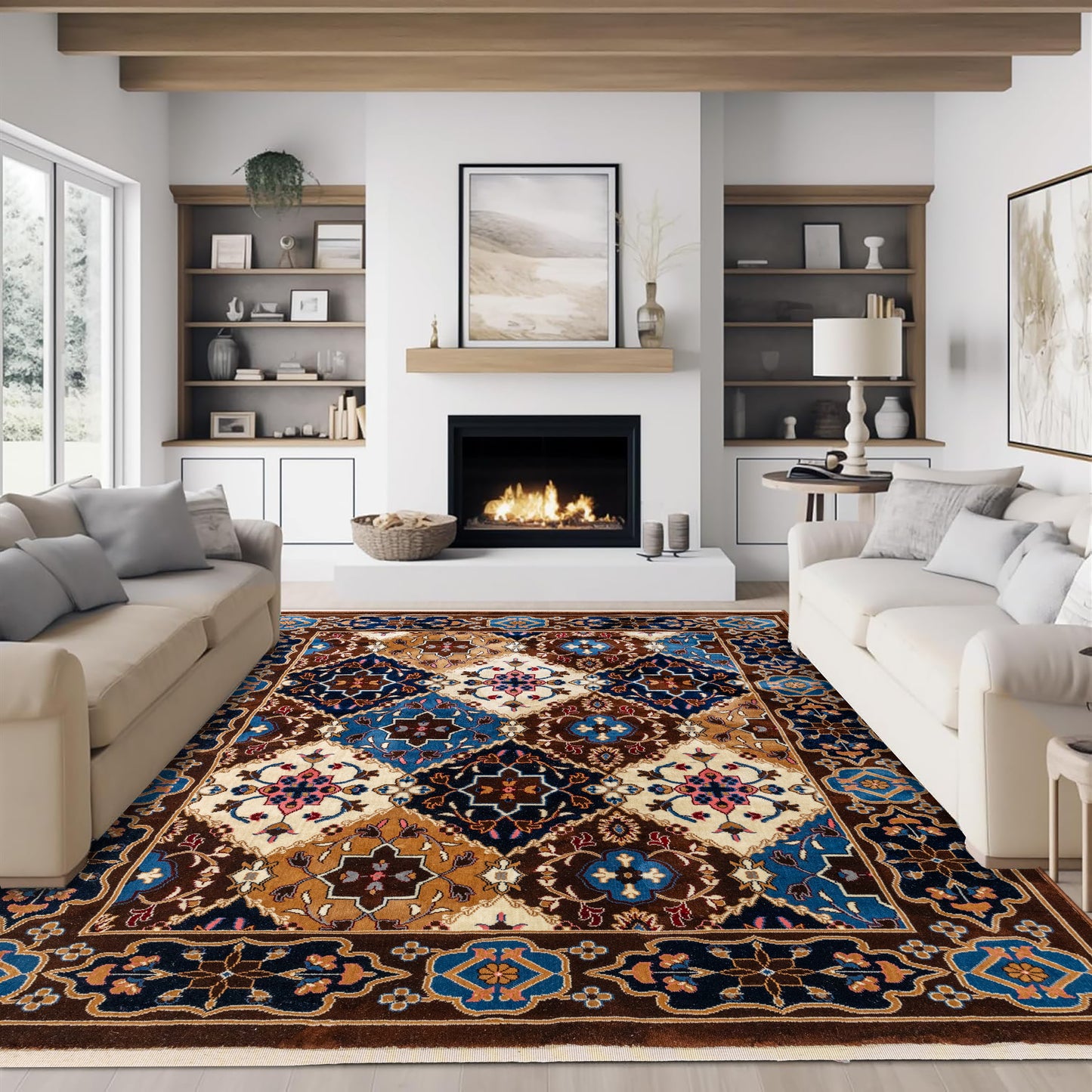 Living room featuring the Brown Majesty Turkish rug with a floral pattern in shades of brown, blue, and beige, placed beneath a sofa and in front of a fireplace for a cozy, vintage-inspired ambiance