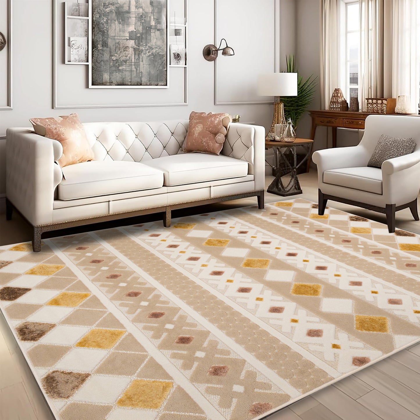 Living room with the Cream Dune 5x7 patterned sisal rug, styled with a neutral sofa and armchair for a warm and inviting farmhouse look