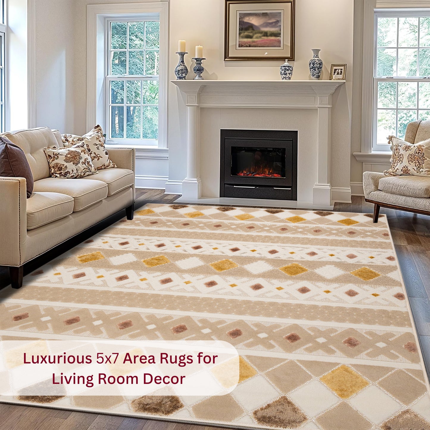 Living room featuring the Cream Dune 5x7 patterned sisal rug, styled with a neutral sofa and fireplace to create a cozy farmhouse-inspired space