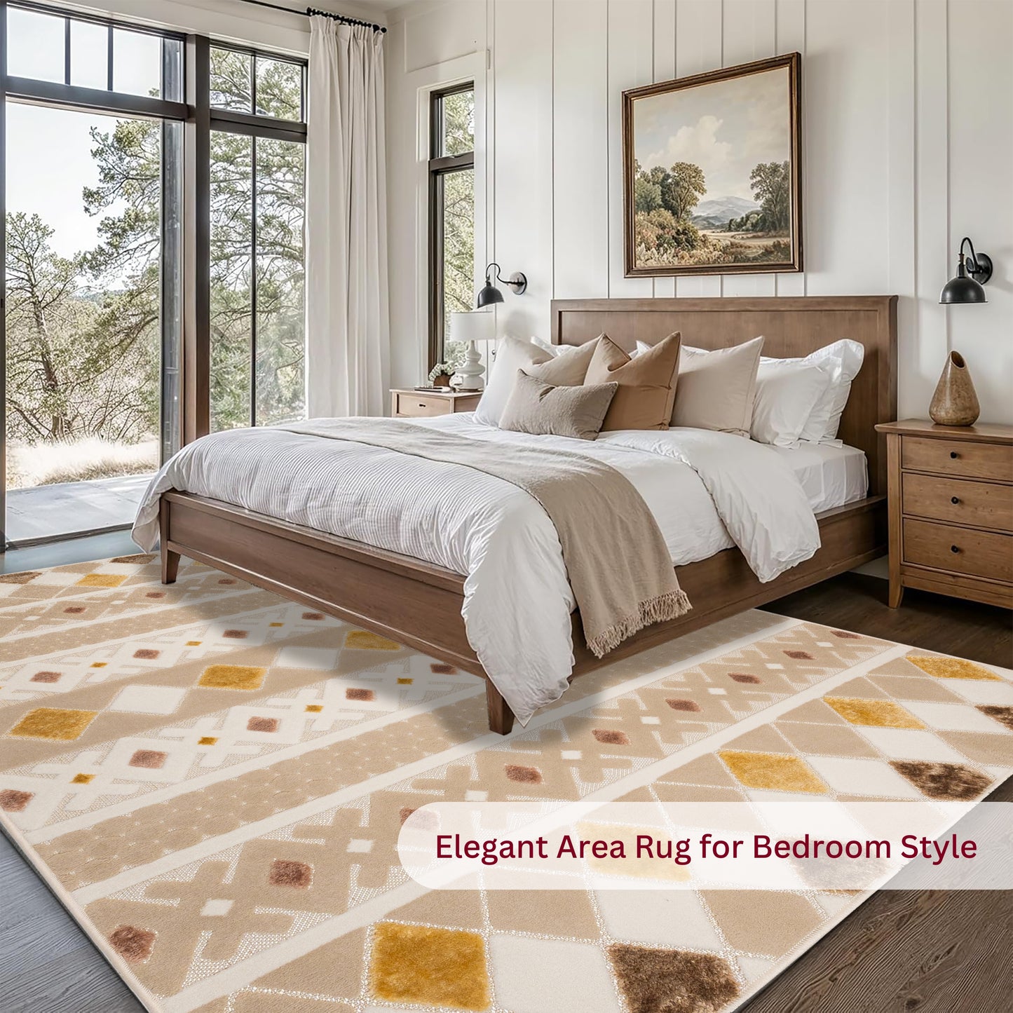 Bedroom featuring a wooden bed with white bedding and the Cream Dune 5x7 patterned sisal rug, adding texture and warmth to a neutral farmhouse space
