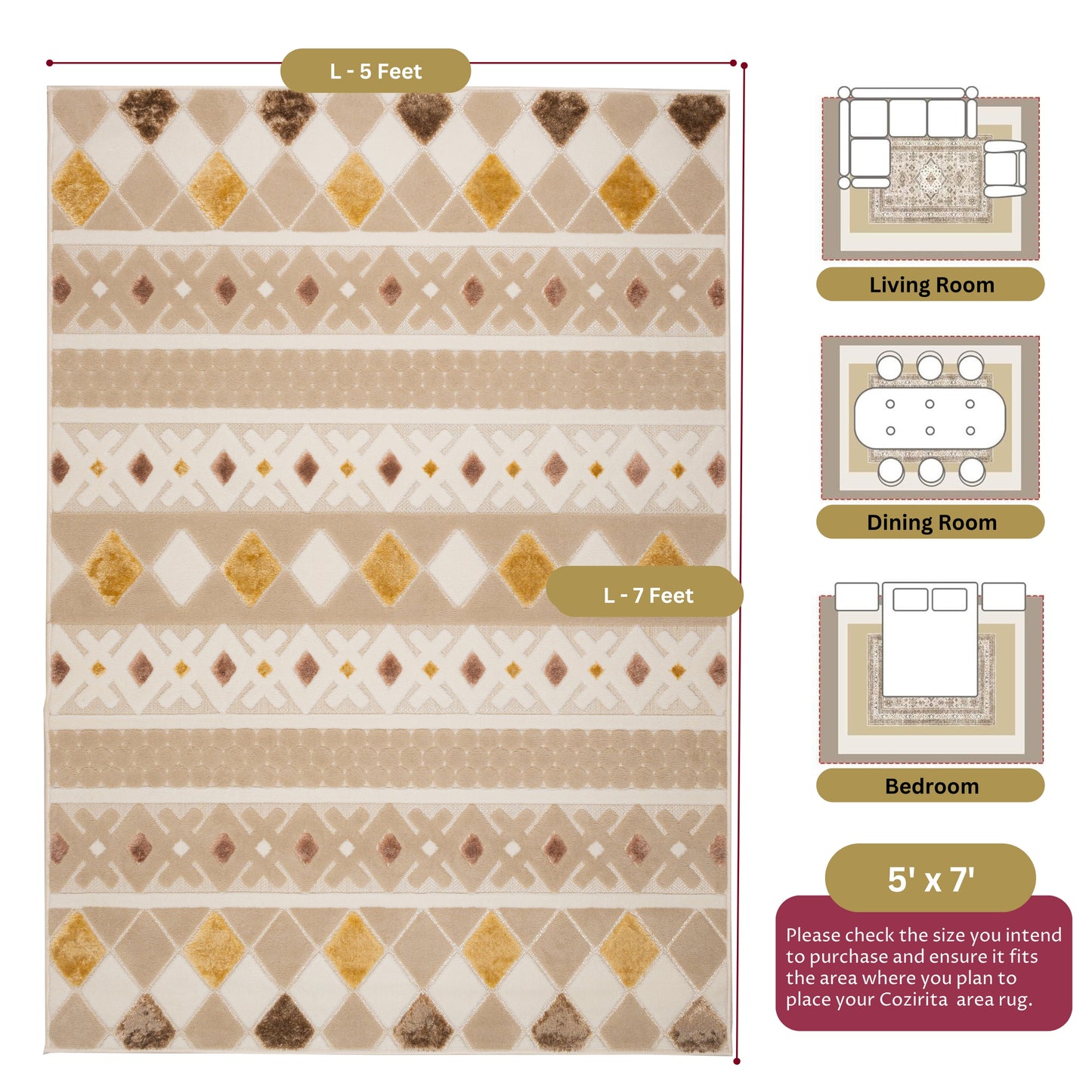 Cream Dune 5x7 patterned sisal rug displayed with size guide and suggested placement options for living room, bedroom, and dining areas