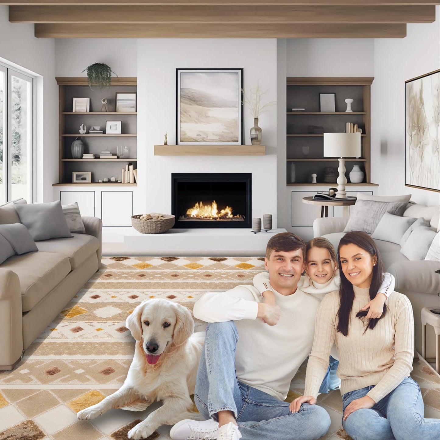 Family of three with a dog sitting on the Cream Dune 5x7 sisal rug in a modern living room, creating a warm and welcoming family-friendly space