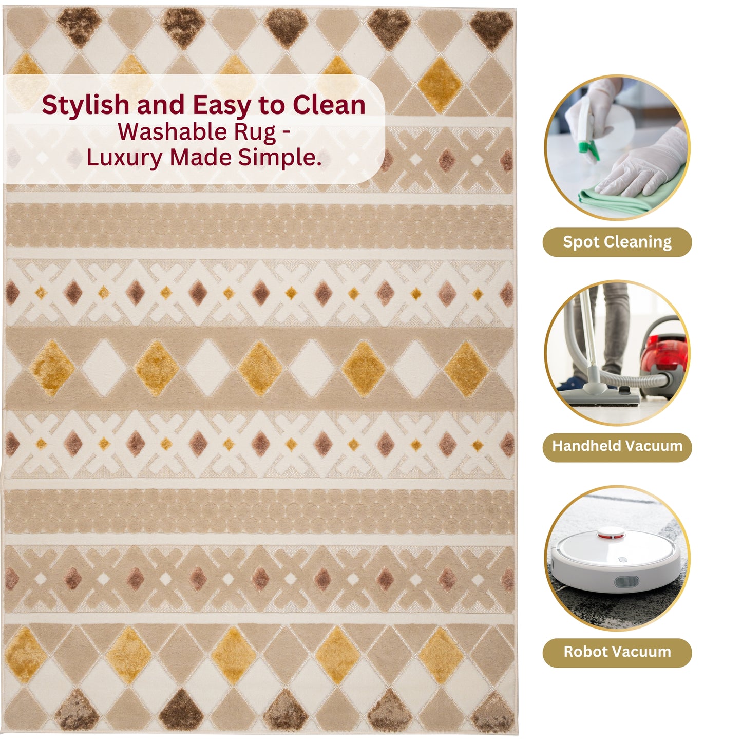 Cream Dune 5x7 patterned sisal rug with text 'Stylish and Easy to Clean Rug' and icons for spot cleaning, handheld vacuum, and robot vacuum