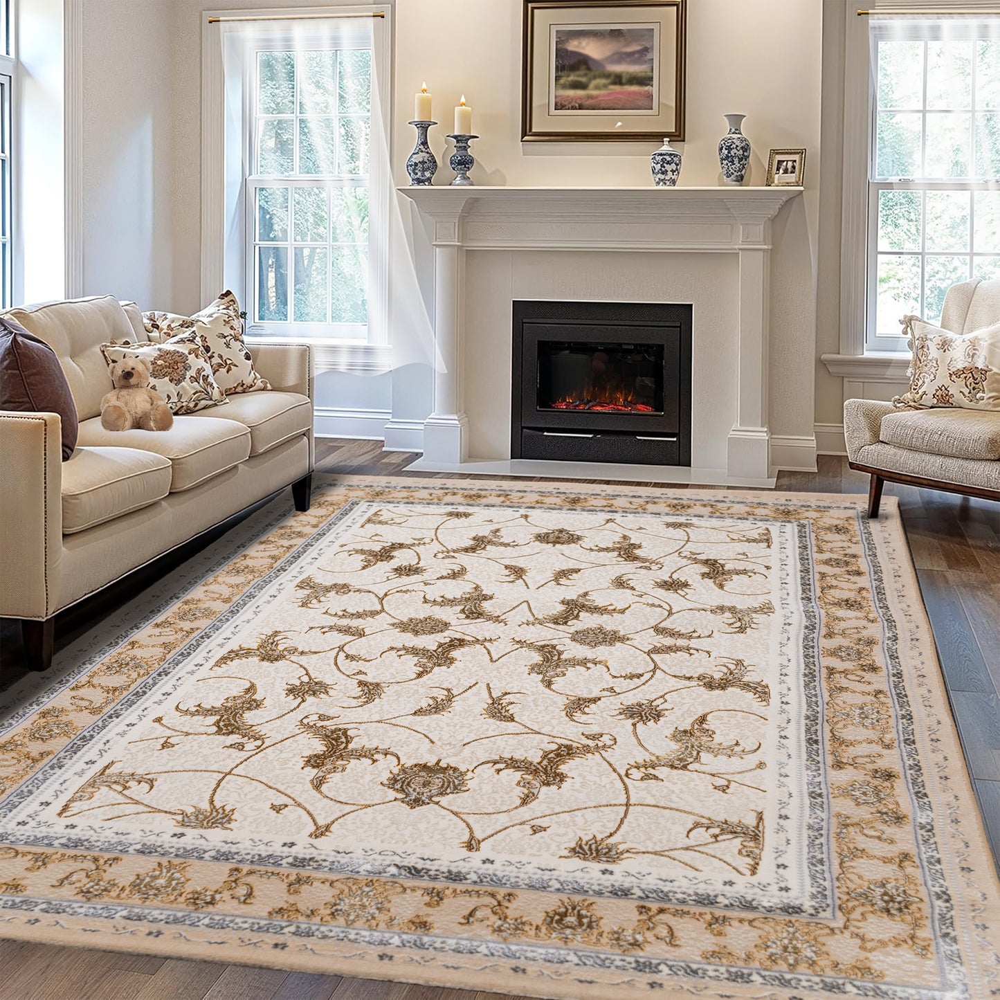 Golden Ivory Turkish rug placed in a living room with a sofa, adding warmth and elegance to modern home decor with its soft floral pattern and neutral tones