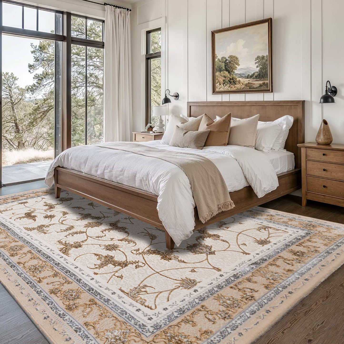 Bedroom featuring the Golden Ivory Turkish rug with a beige, gray, and brown floral design, placed under a bed with neutral bedding to create a warm, elegant atmosphere