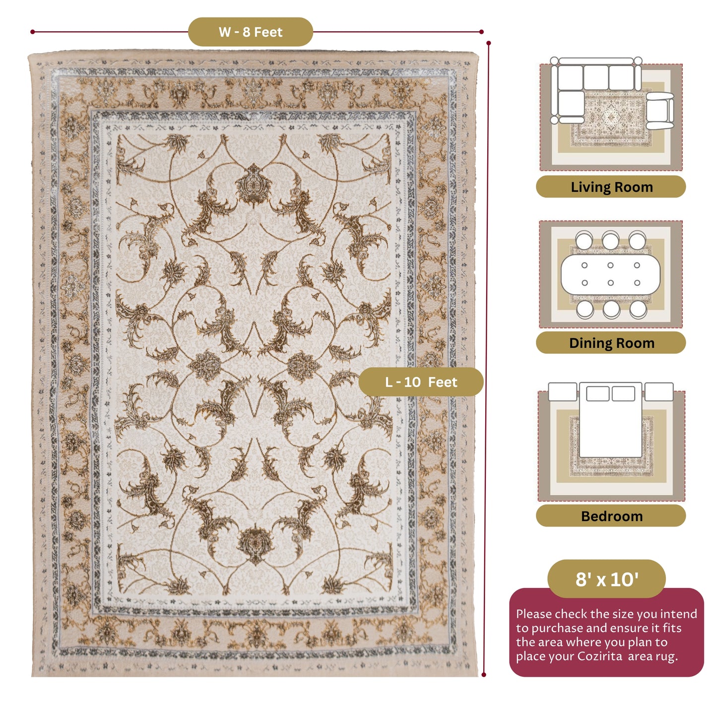 A golden ivory Turkish rug displayed with measurements and recommended room sizes for living room, bedroom, and dining area—ideal for layout planning and fit visualization
