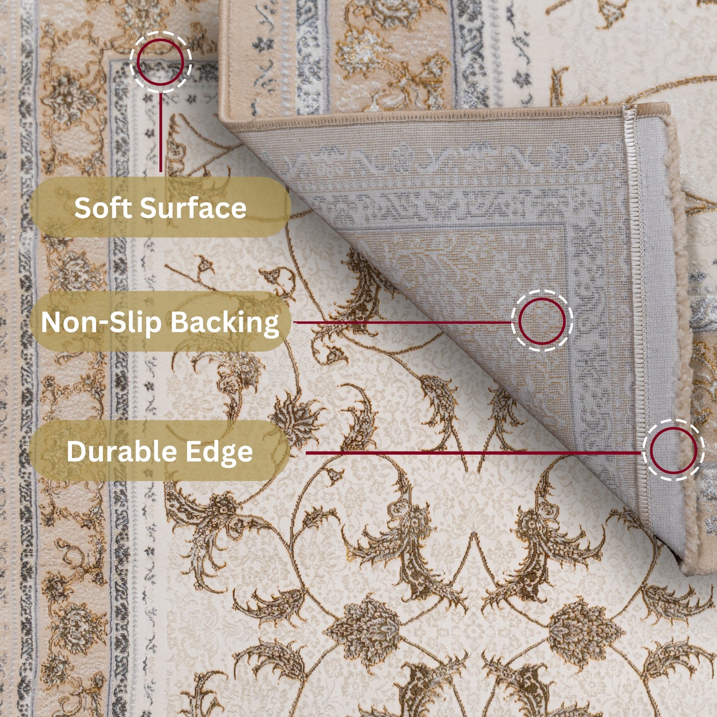 Golden Ivory Turkish rug with a soft surface, durable stitched edges, non-slip cotton backing, and self-absorbing carpet construction for enhanced comfort and stability in everyday use