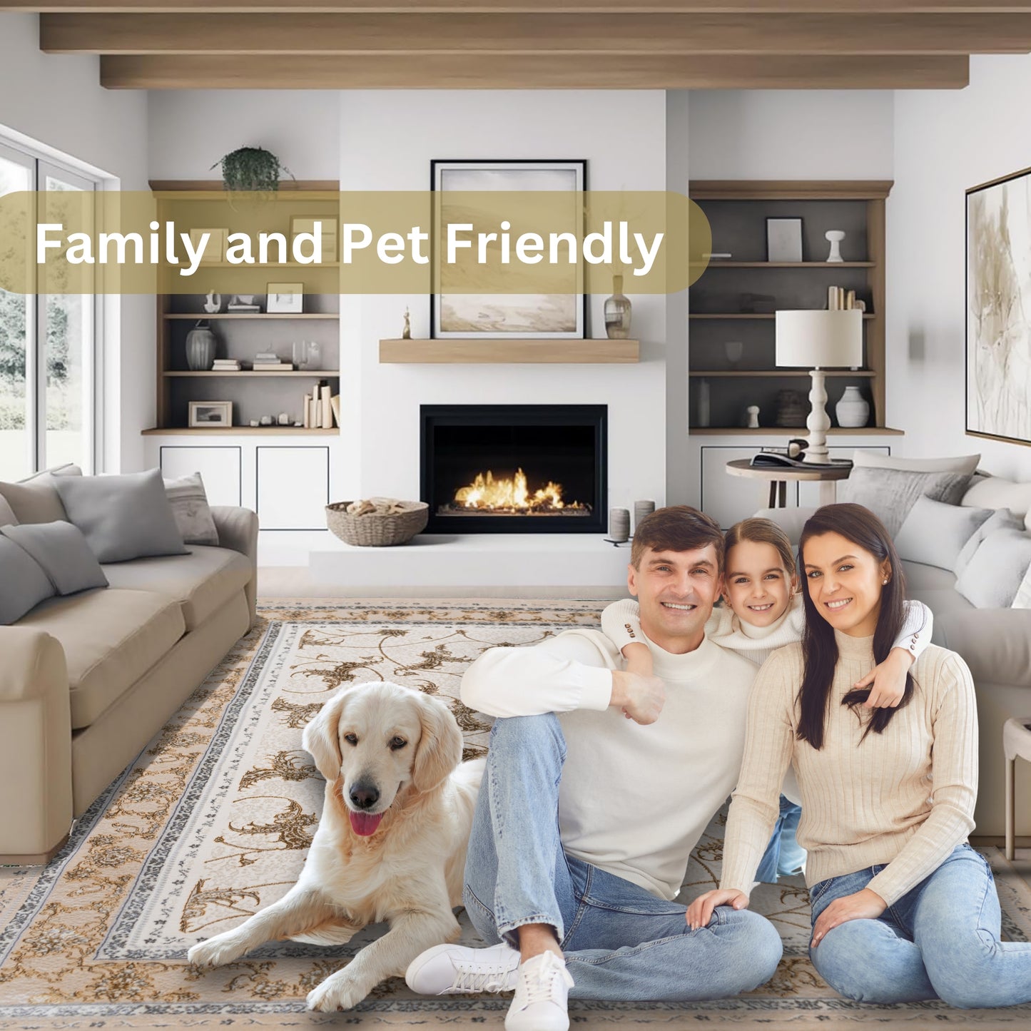 A family of three lying on the Golden Ivory Turkish rug with their dog, highlighting the rug’s soft surface and spacious comfort for quality time and relaxation at home
