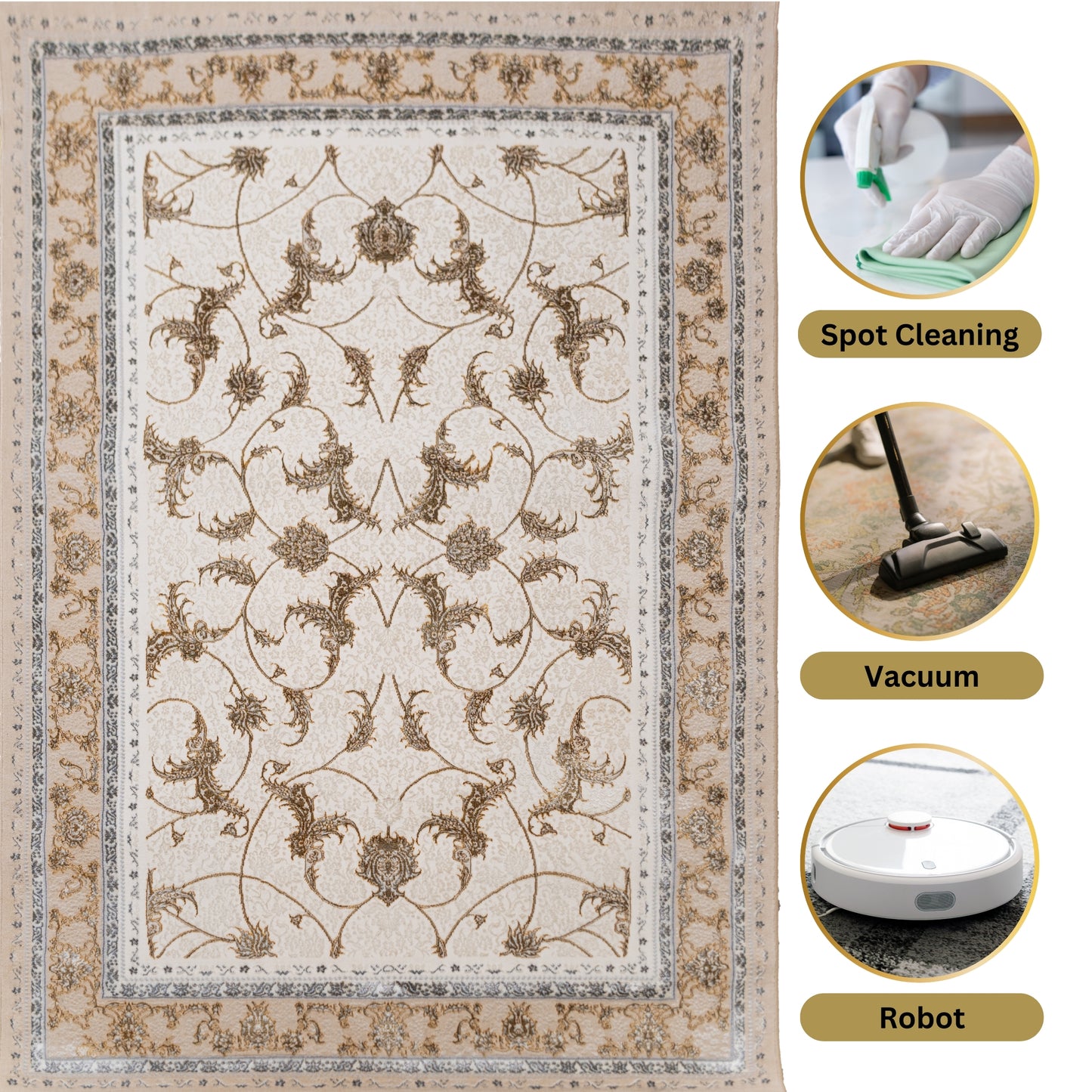 Stylish and easy-to-clean Golden Ivory Turkish rug with luxury made simple; shown with spot cleaning, handheld vacuum, and robot vacuum icons for low-maintenance care