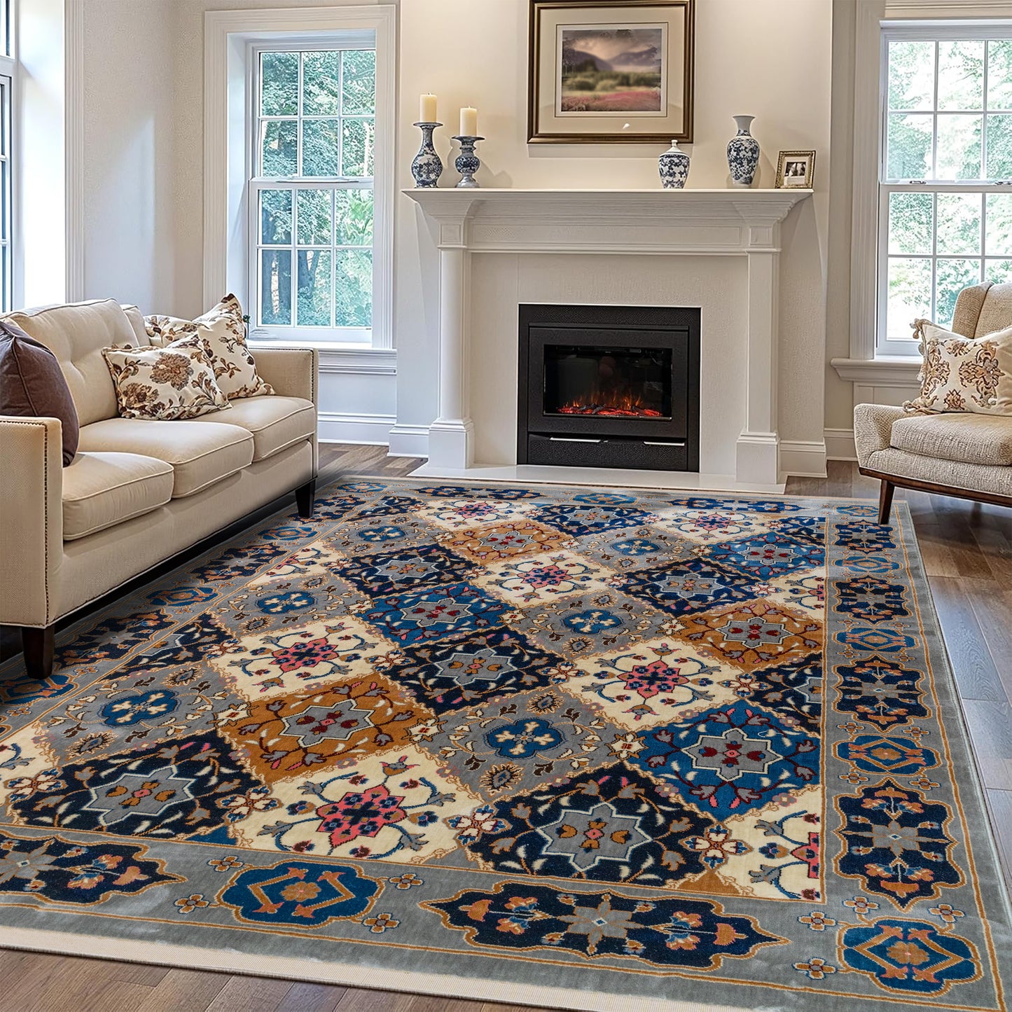 Traditional Turkish carpet with a geometric pattern in shades of blue, beige, and gray, placed in a room with a fireplace and furniture for a cozy, classic look