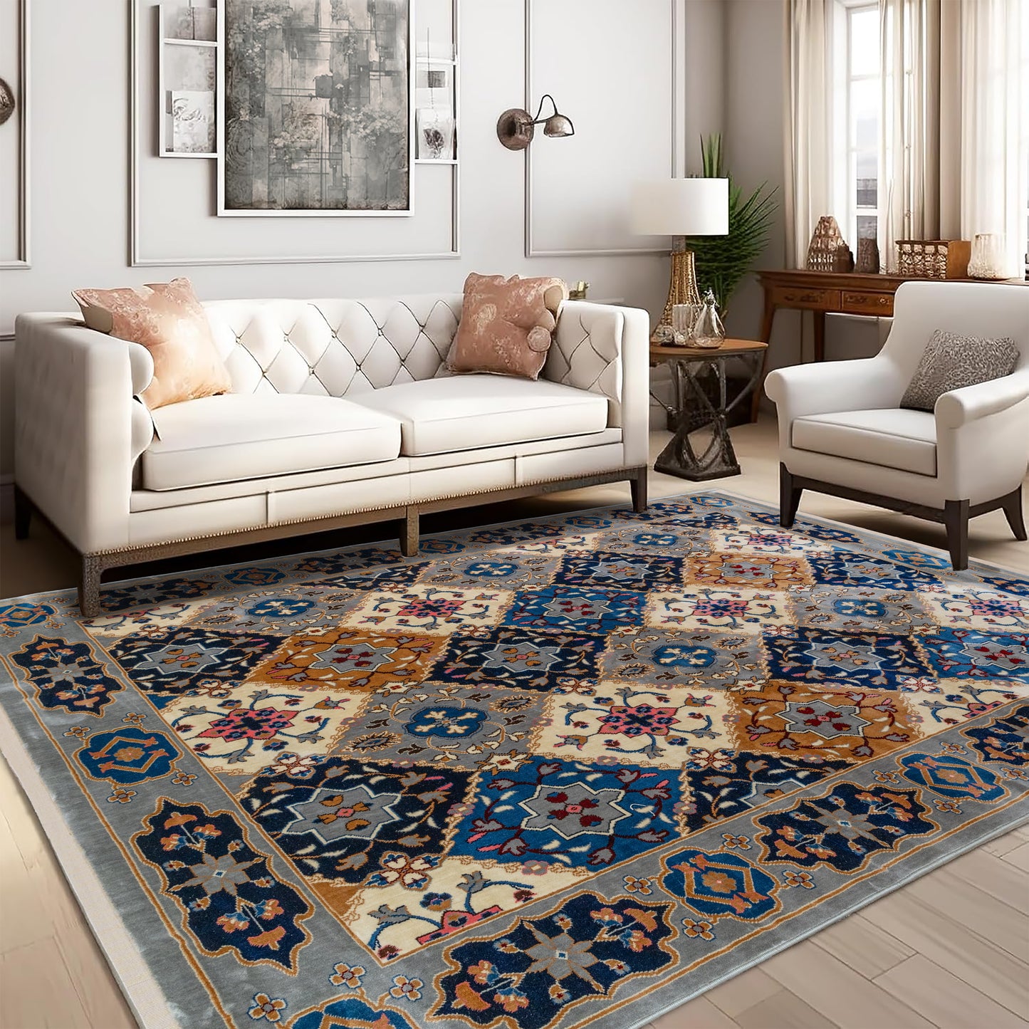 Living room styled with the Gray Majesty Turkish rug featuring a geometric pattern in shades of blue, beige, and gray, placed beneath a sofa to enhance the space with vintage charm and modern comfort
