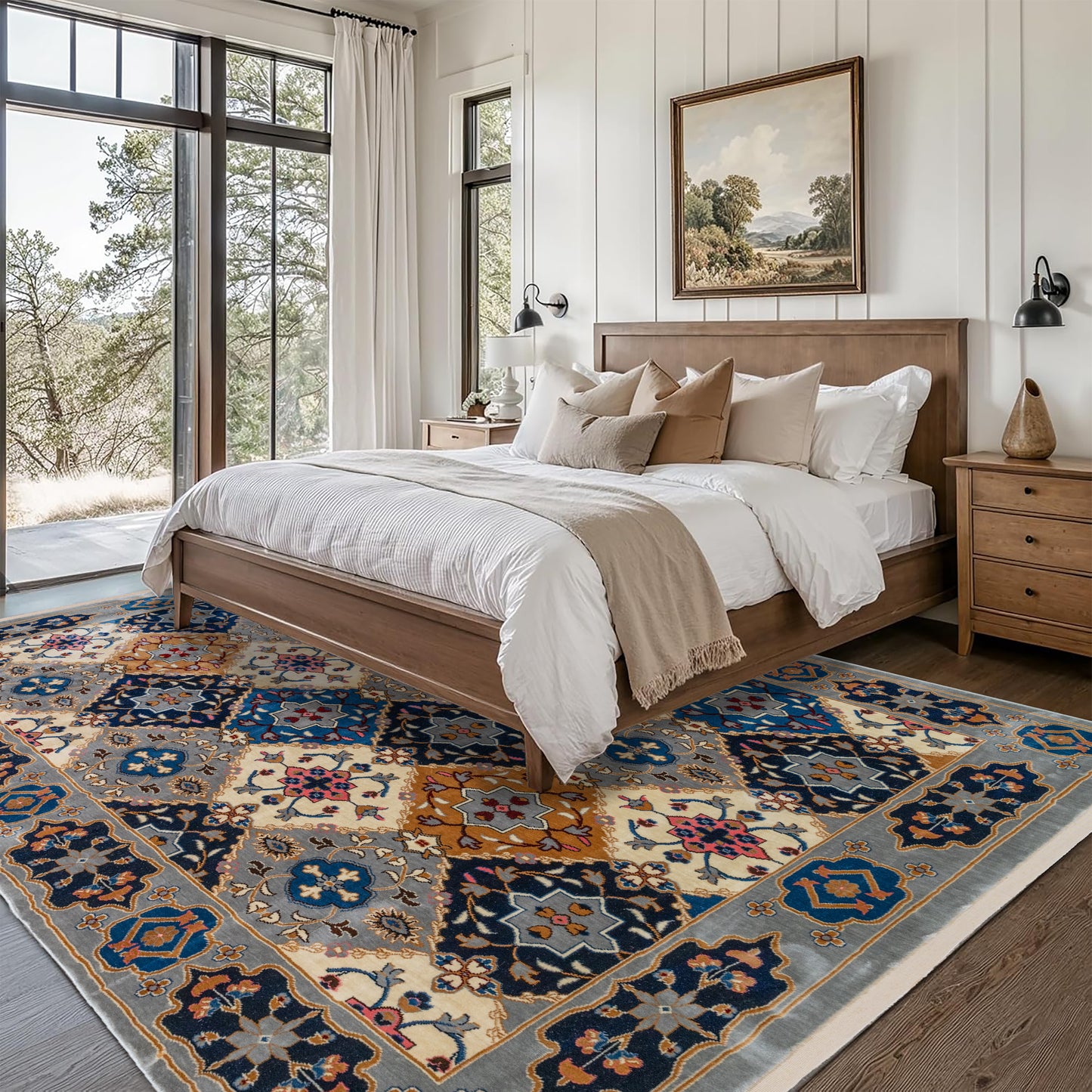 Bedroom featuring the Gray Majesty Turkish rug with a geometric pattern in blue, beige, and gray tones, placed under a bed with soft neutral bedding for a calm and elegant atmosphere