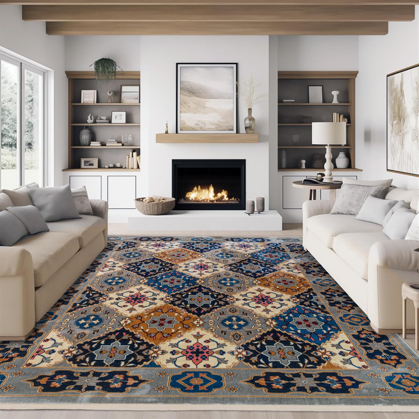 Living room featuring the Gray Majesty Turkish rug with a geometric pattern in shades of blue, beige, and gray, placed beneath a sofa and in front of a fireplace for a cozy, vintage-inspired ambiance