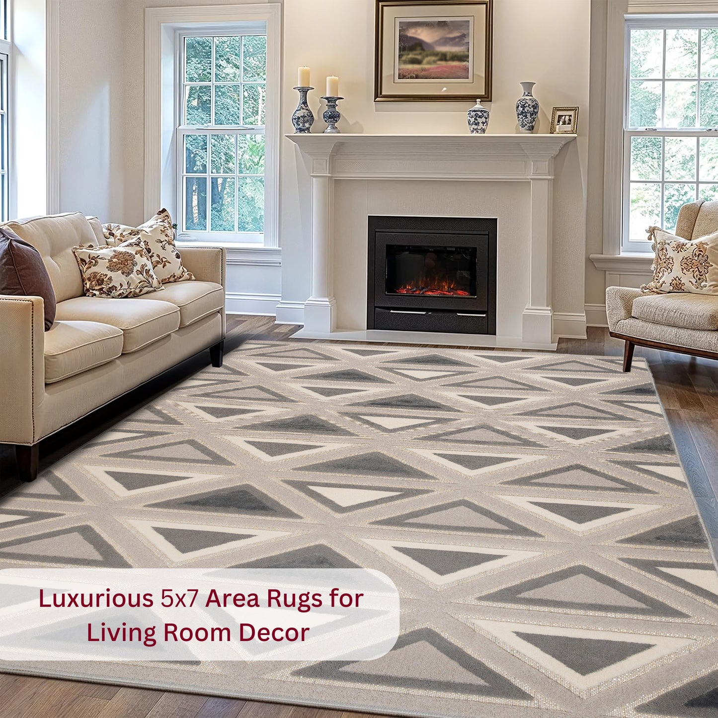Living room with a Gray Tribal 5x7 patterned sisal rug, styled alongside a neutral sofa and fireplace to create a warm, inviting farmhouse atmosphere