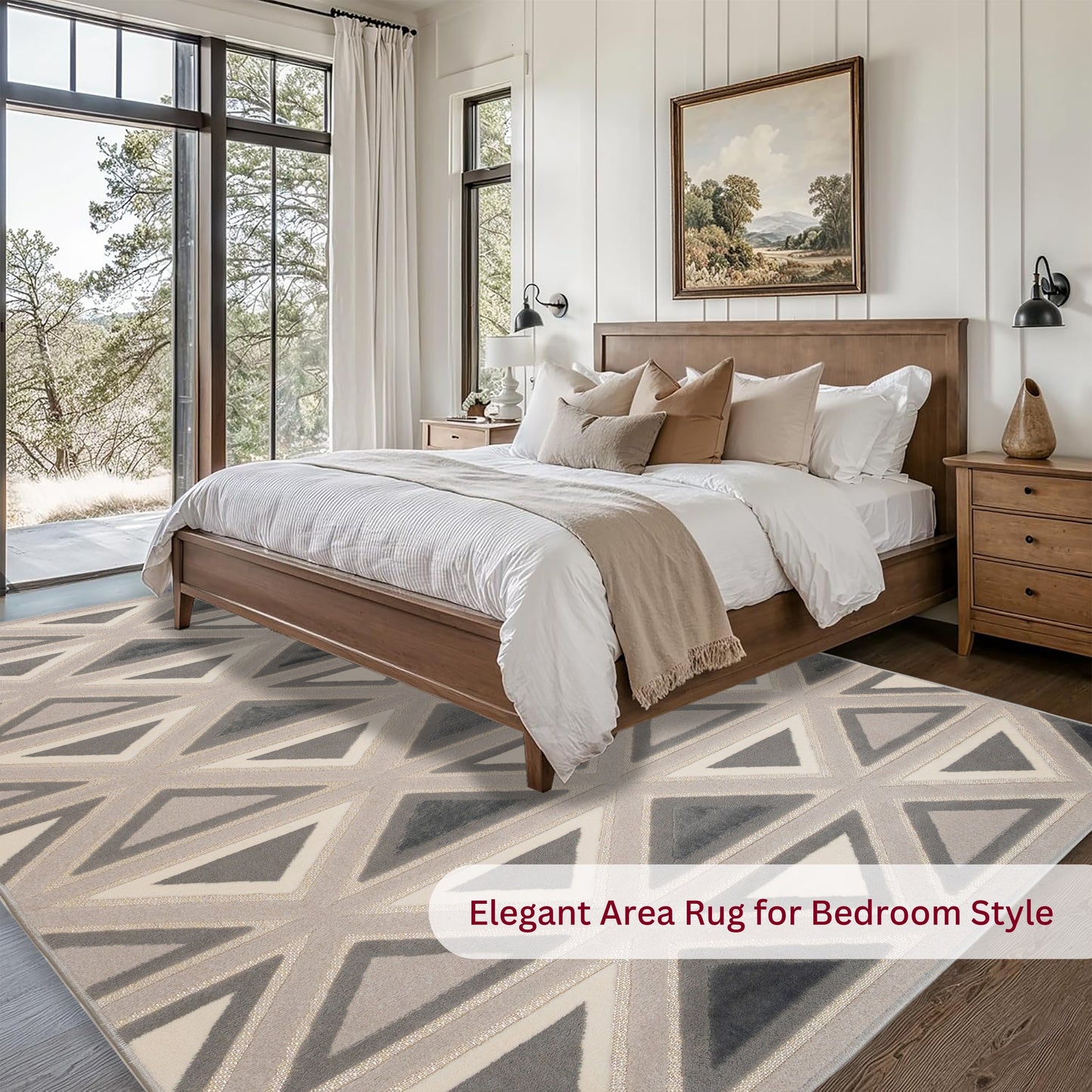 Bedroom featuring a wooden bed with white bedding and the Gray Tribal 5x7 geometric sisal rug, adding texture and warmth to the neutral space