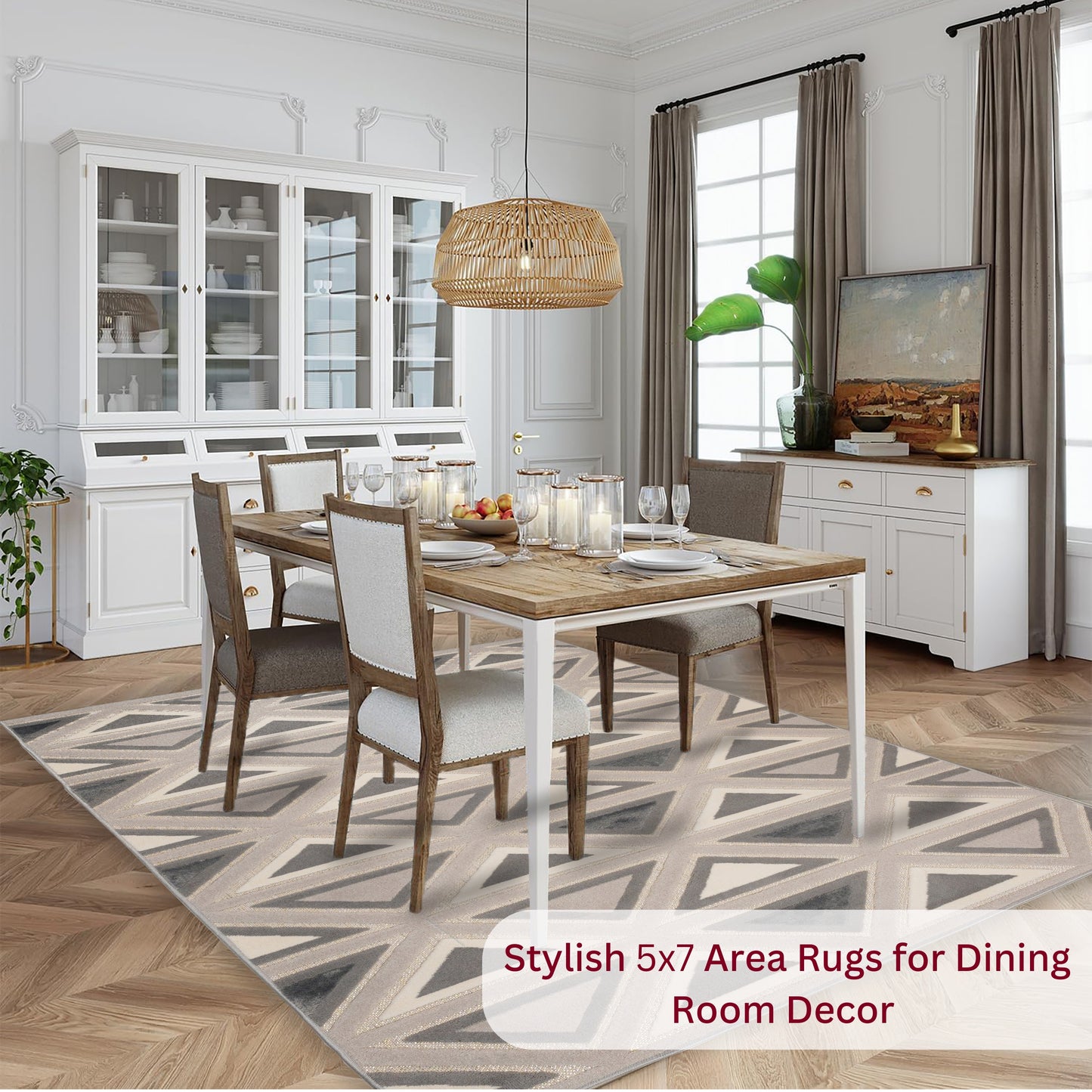 Dining room with a wooden table and chairs placed over the Gray Tribal 5x7 geometric sisal rug, adding natural texture and farmhouse style