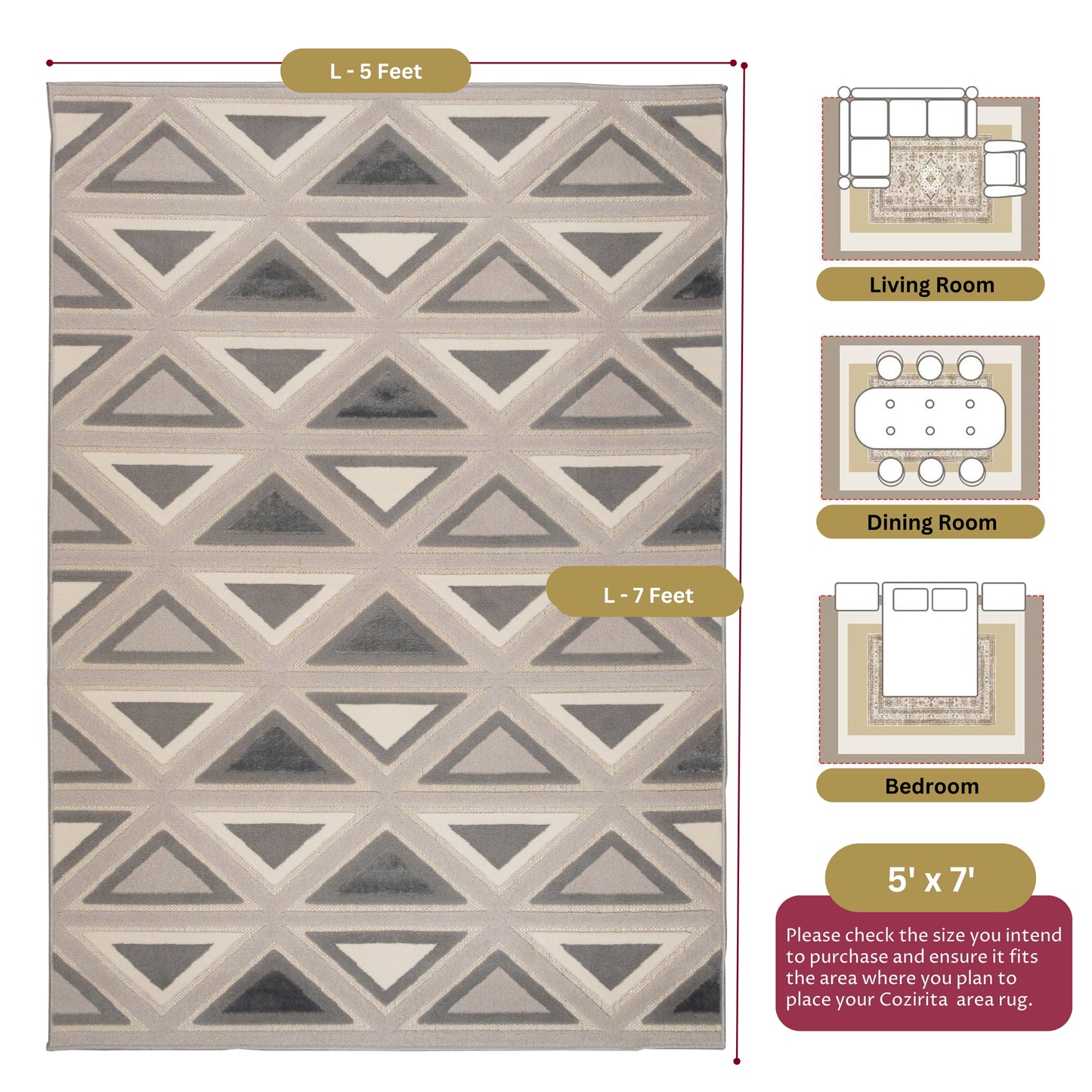 Gray Tribal 5x7 geometric patterned sisal rug displayed with measurements and recommended room sizes for living room, bedroom, and dining area
