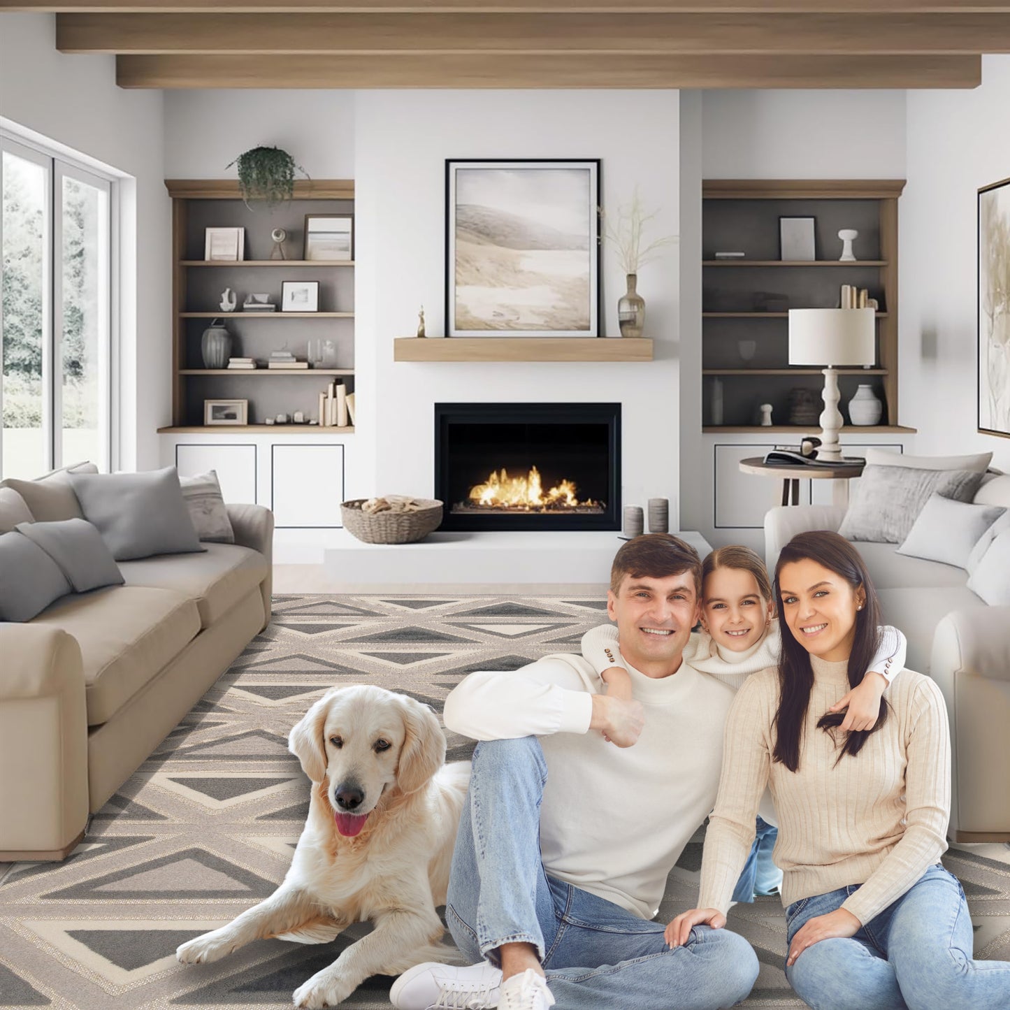 Family of three with a dog sitting on the Gray Tribal 5x7 patterned sisal rug in a cozy living room with a fireplace, creating a warm, inviting atmosphere