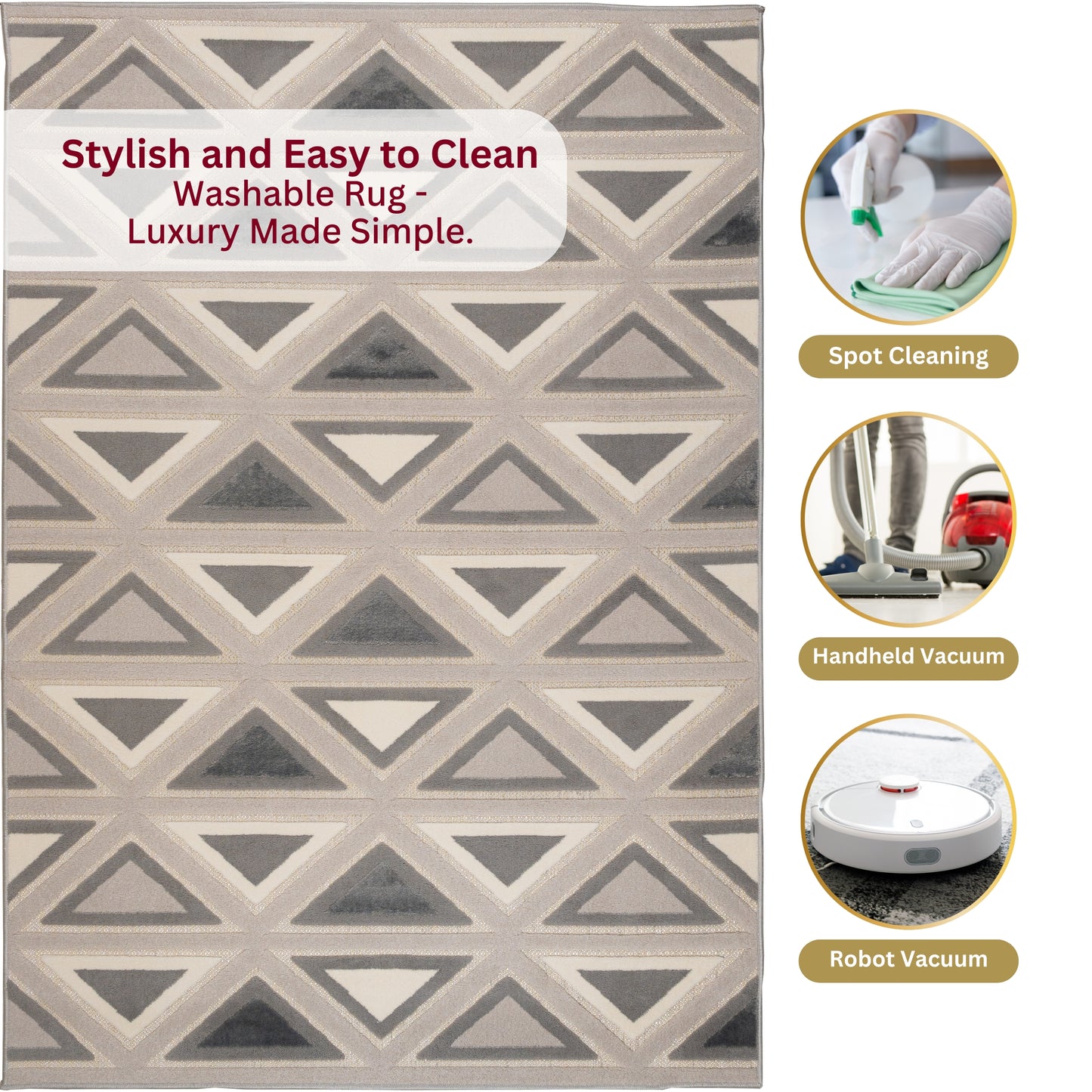 Stylish Gray Tribal 5x7 sisal rug with a geometric pattern, shown with illustrated cleaning methods highlighting its easy-to-maintain design