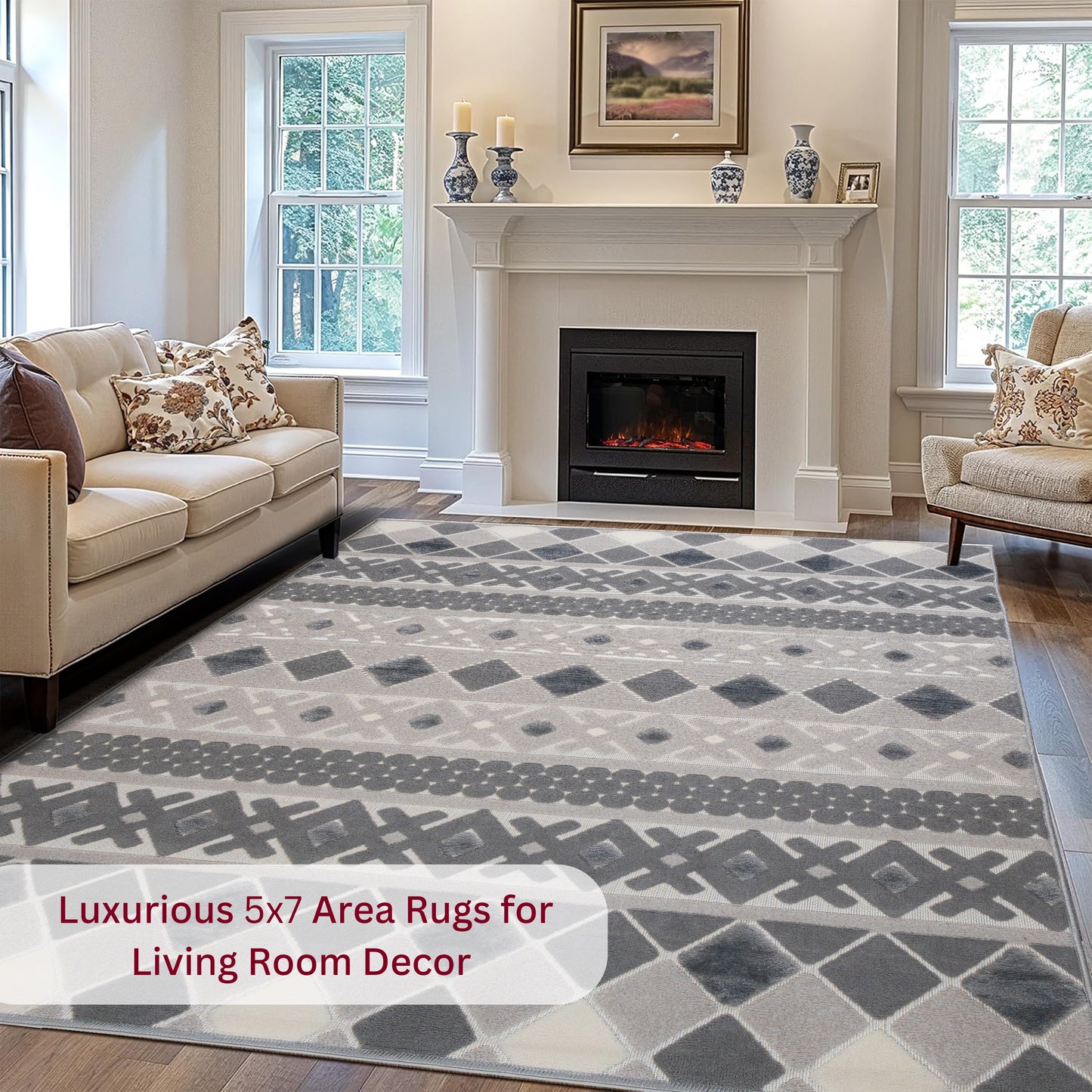 Gray Dune 5x7 sisal rug styled in a sophisticated living room with elegant decor, adding a touch of luxury and natural texture to the space