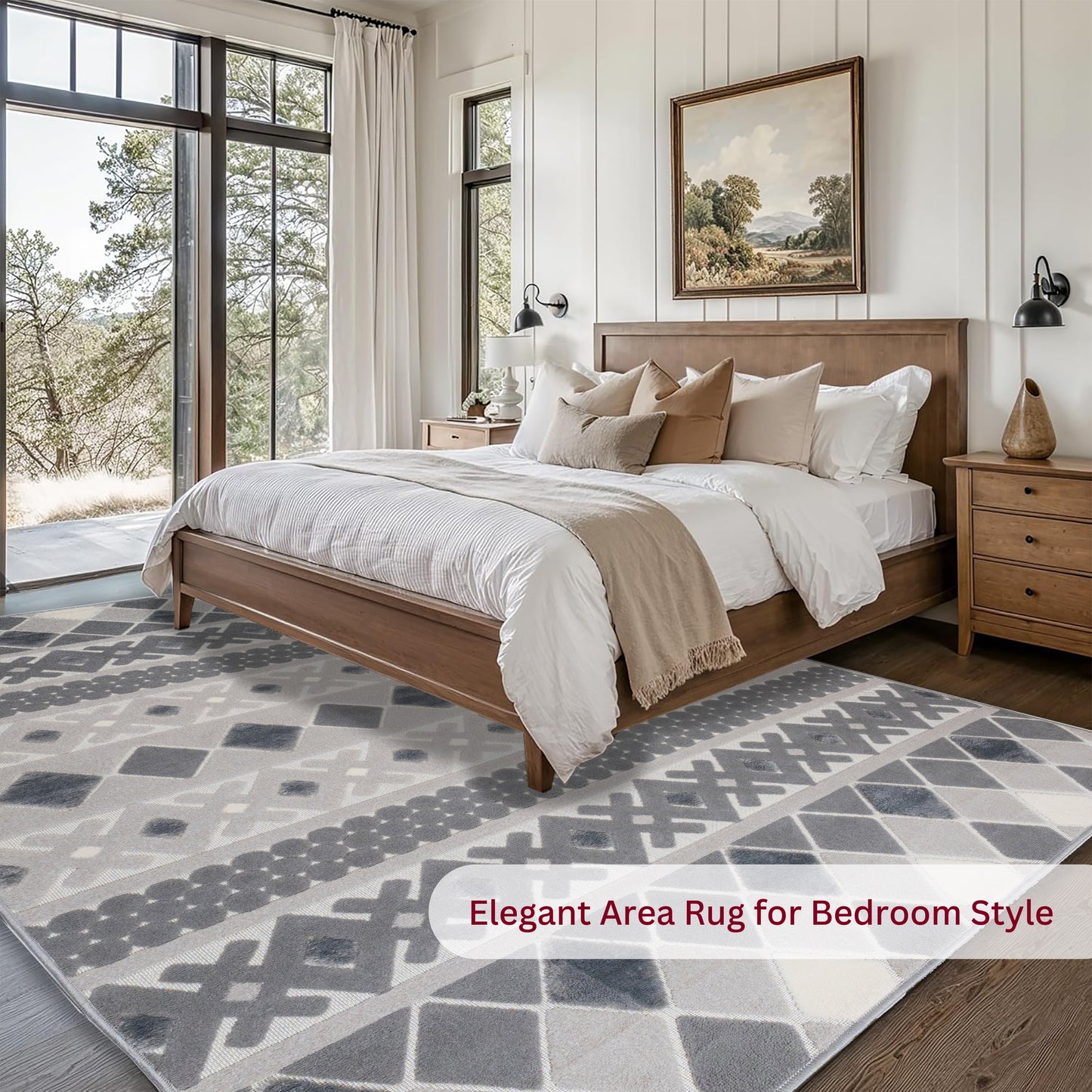 5x7 Gray Dune sisal rug placed beside a bed in a boho-chic bedroom setup