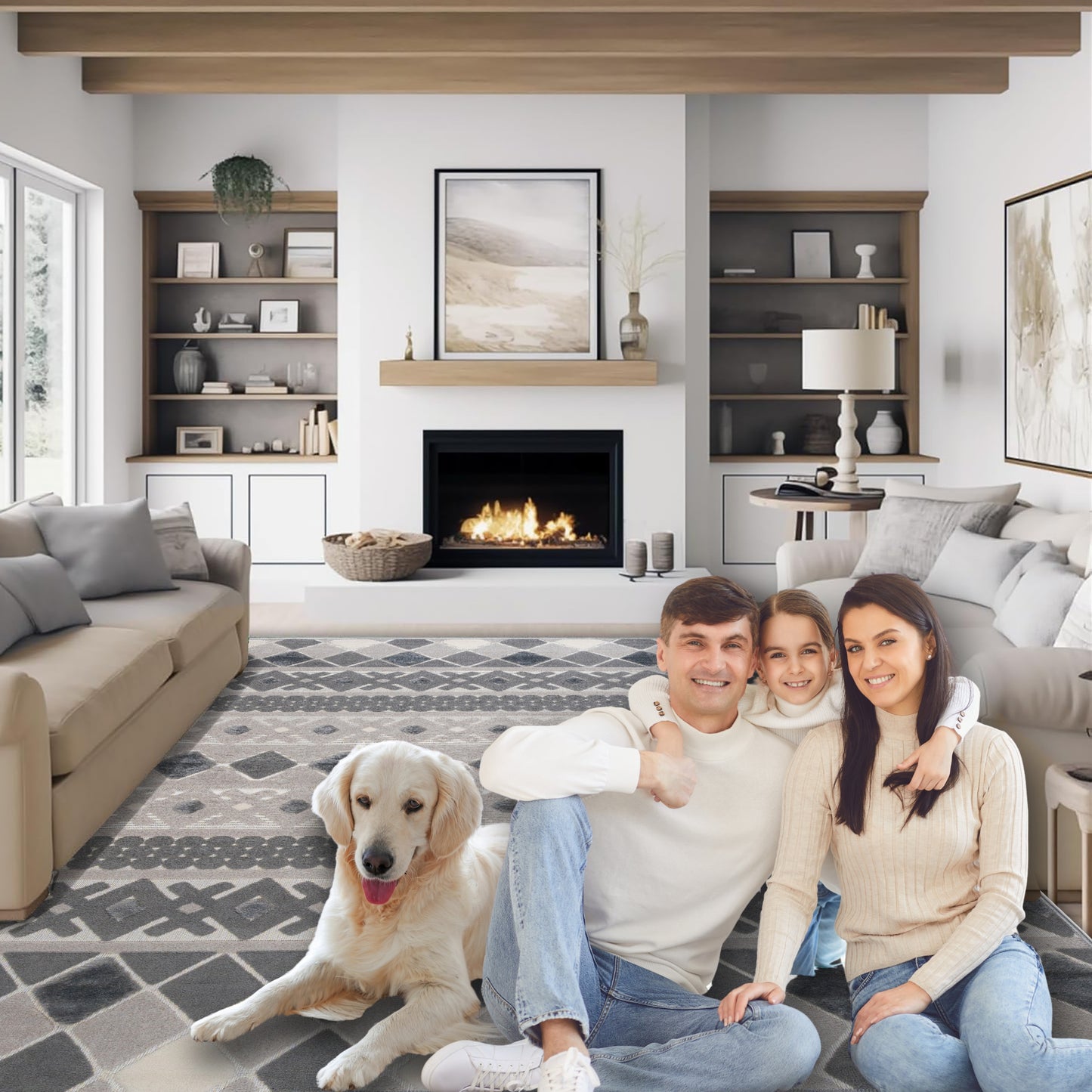 Family and dog relaxing in a farmhouse-style living room with the Gray Dune 5x7 sisal rug adding warmth, charm, and comfort to the space