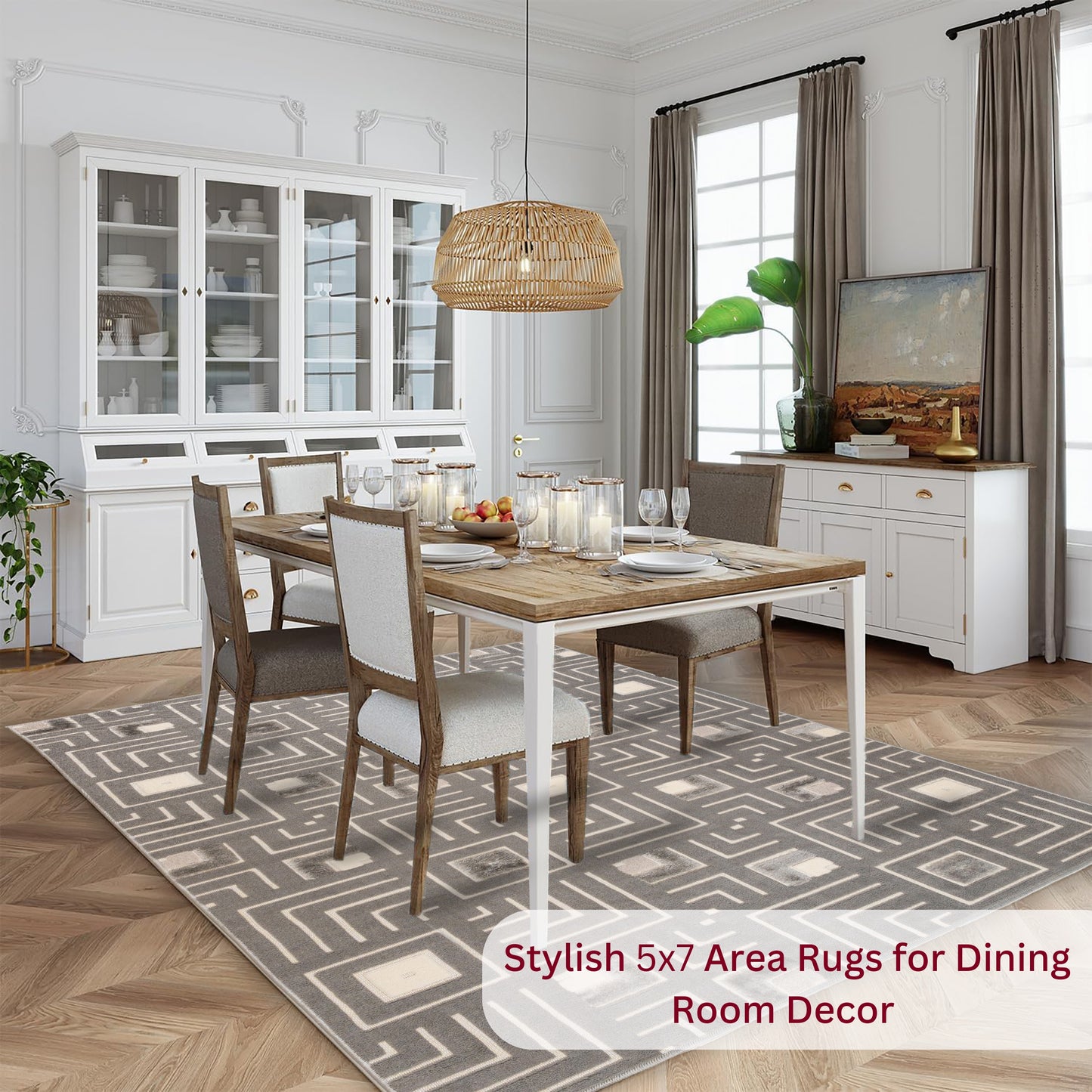Neutral sisal area rug styled under a dining table, ideal for kitchen or living areas
