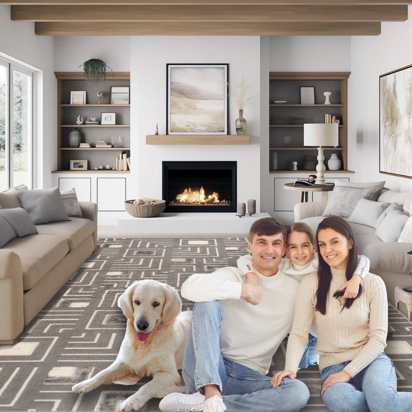 Family relaxing in a cozy living room with the Gray Maze 5x7 sisal rug adding warmth and texture to the space