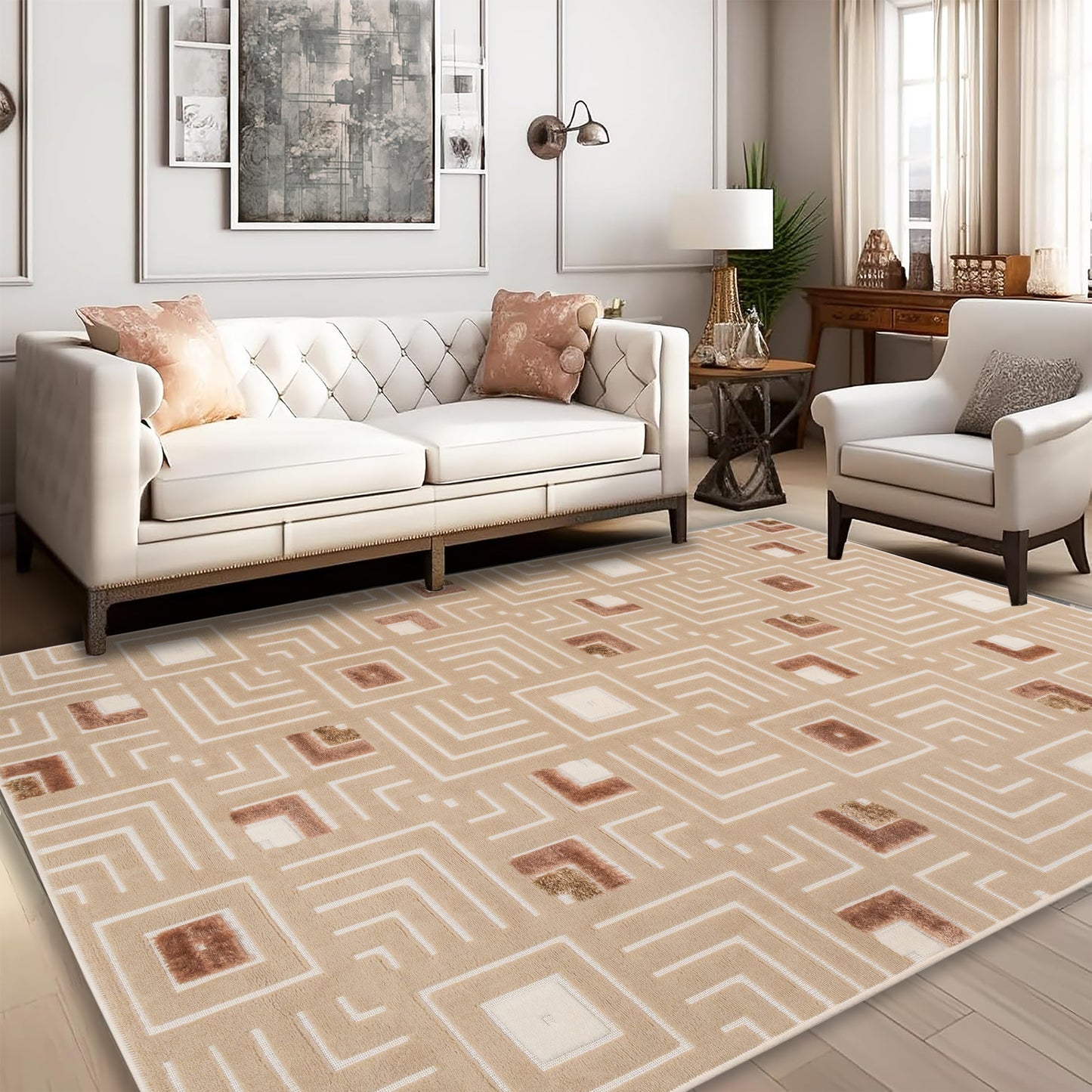 Cream Maze 5x7 sisal rug styled in a bright living room with neutral tones