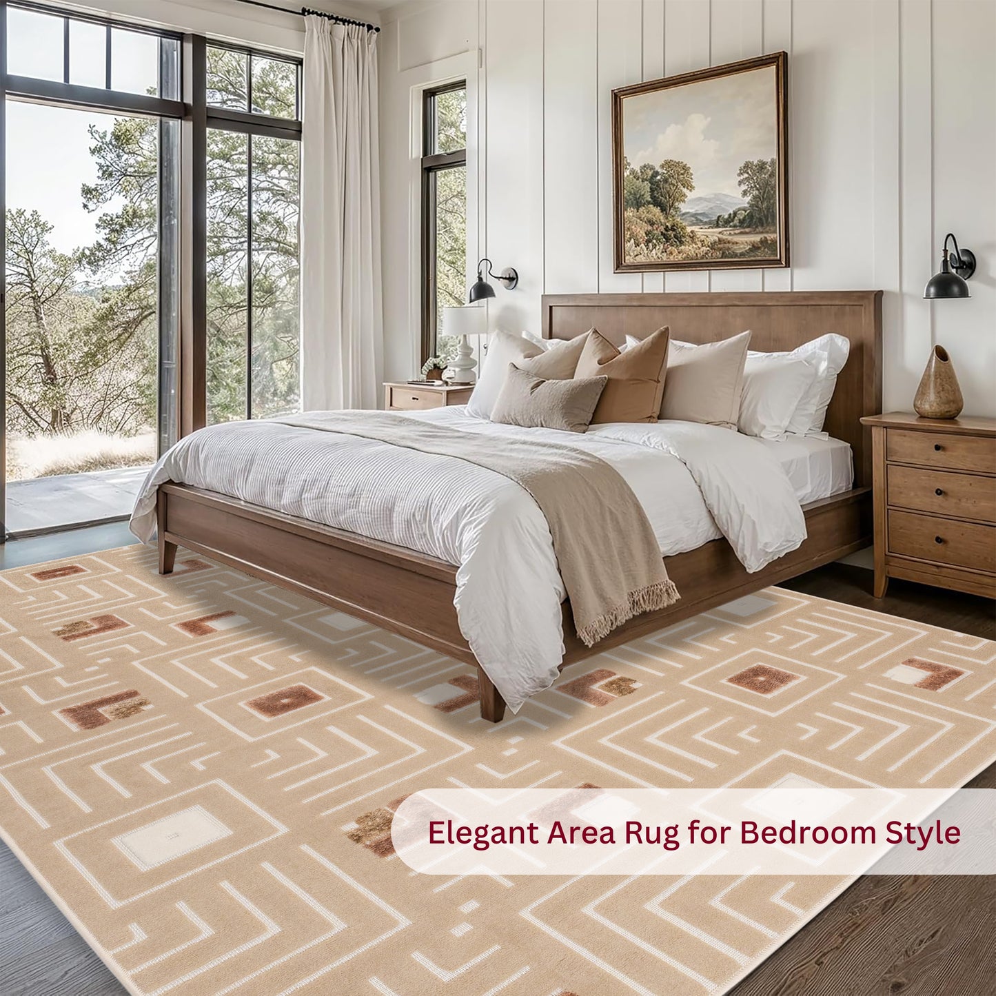Bedroom with a wooden bed, white bedding, and the Cream Maze 5x7 patterned sisal rug adding texture and warmth to the neutral decor
