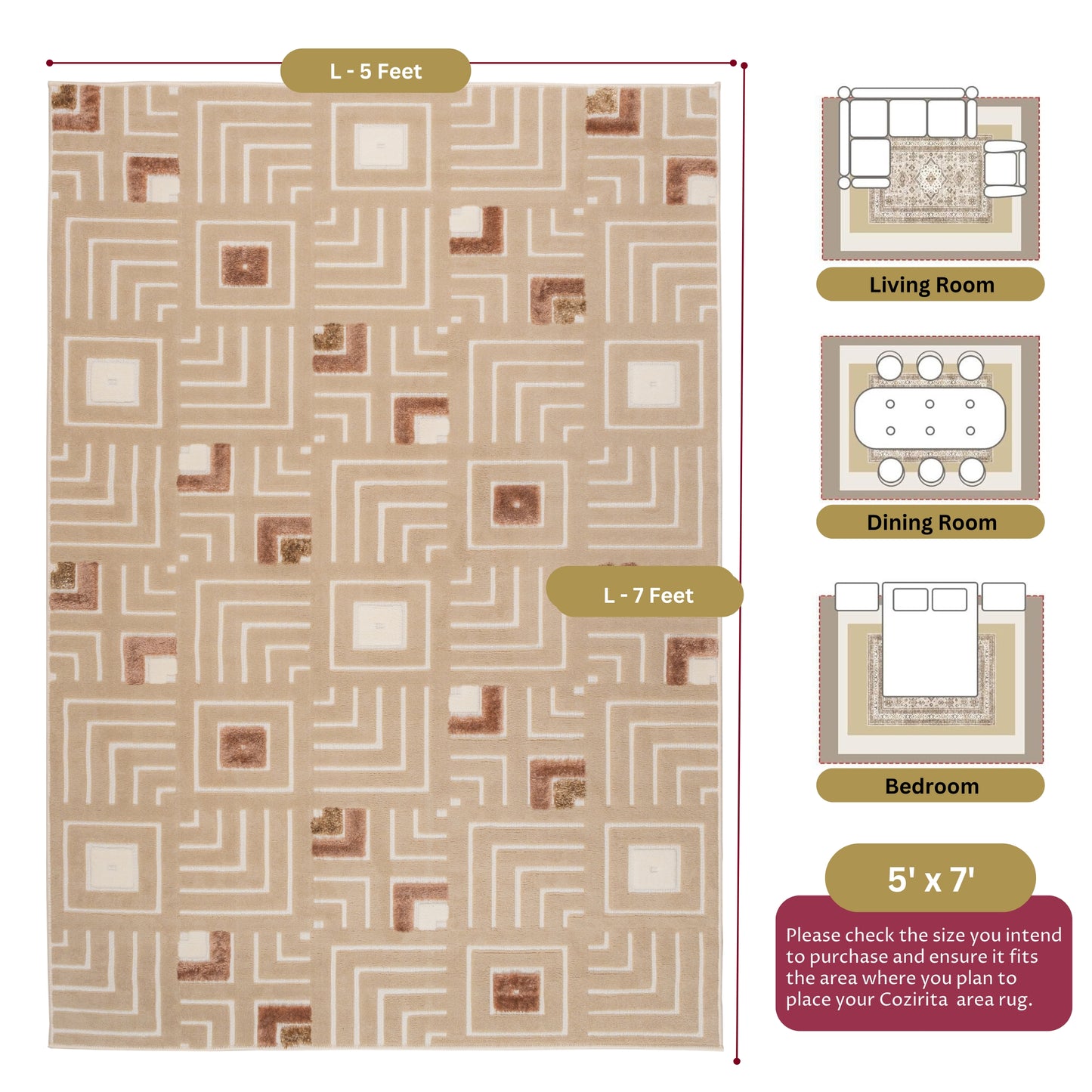 Cream Maze 5x7 patterned sisal rug on white background with visible dimensions and suggested room sizes for living room, bedroom, and dining area