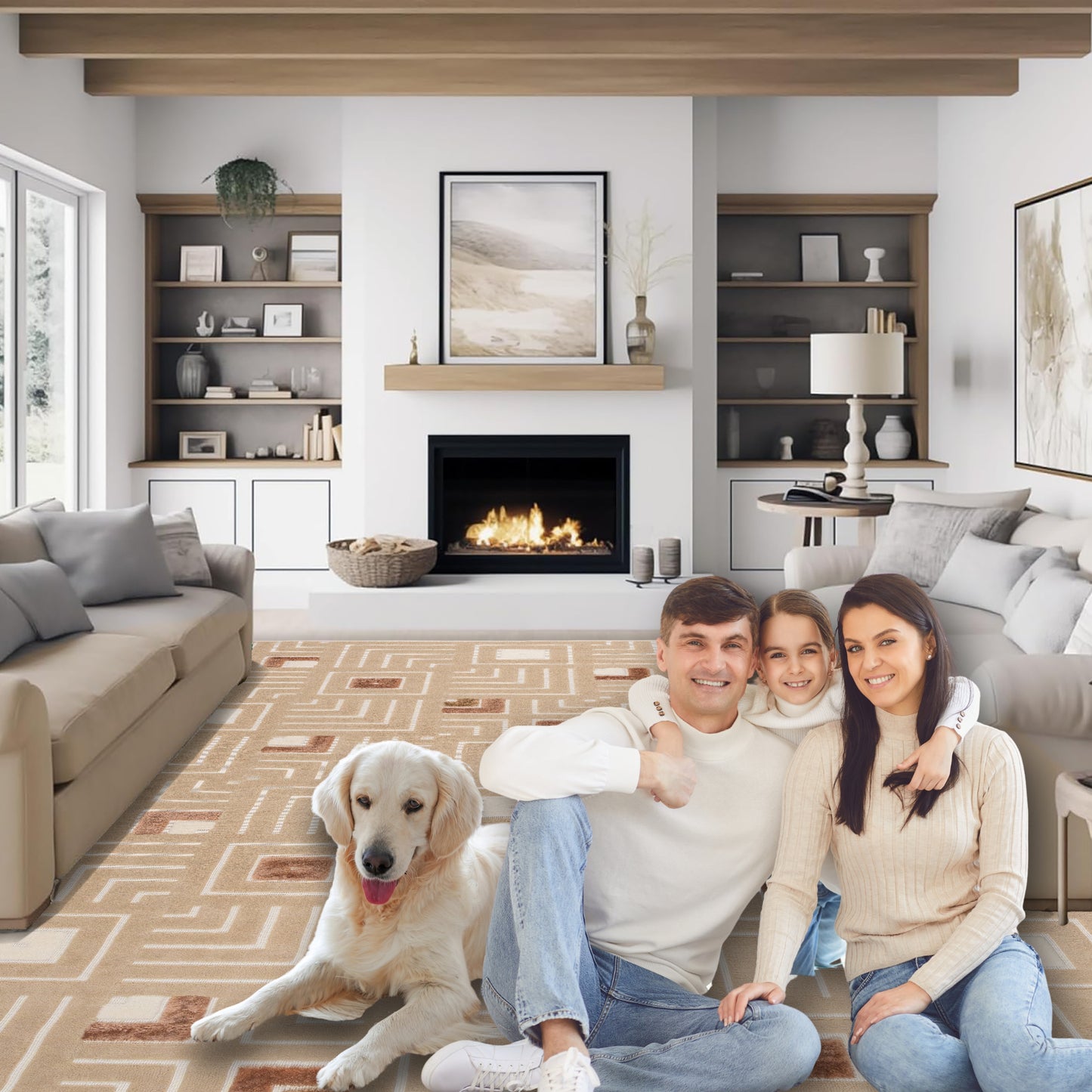 Family and dog relaxing in a farmhouse-style living room with the Cream Maze 5x7 sisal rug adding charm and comfort