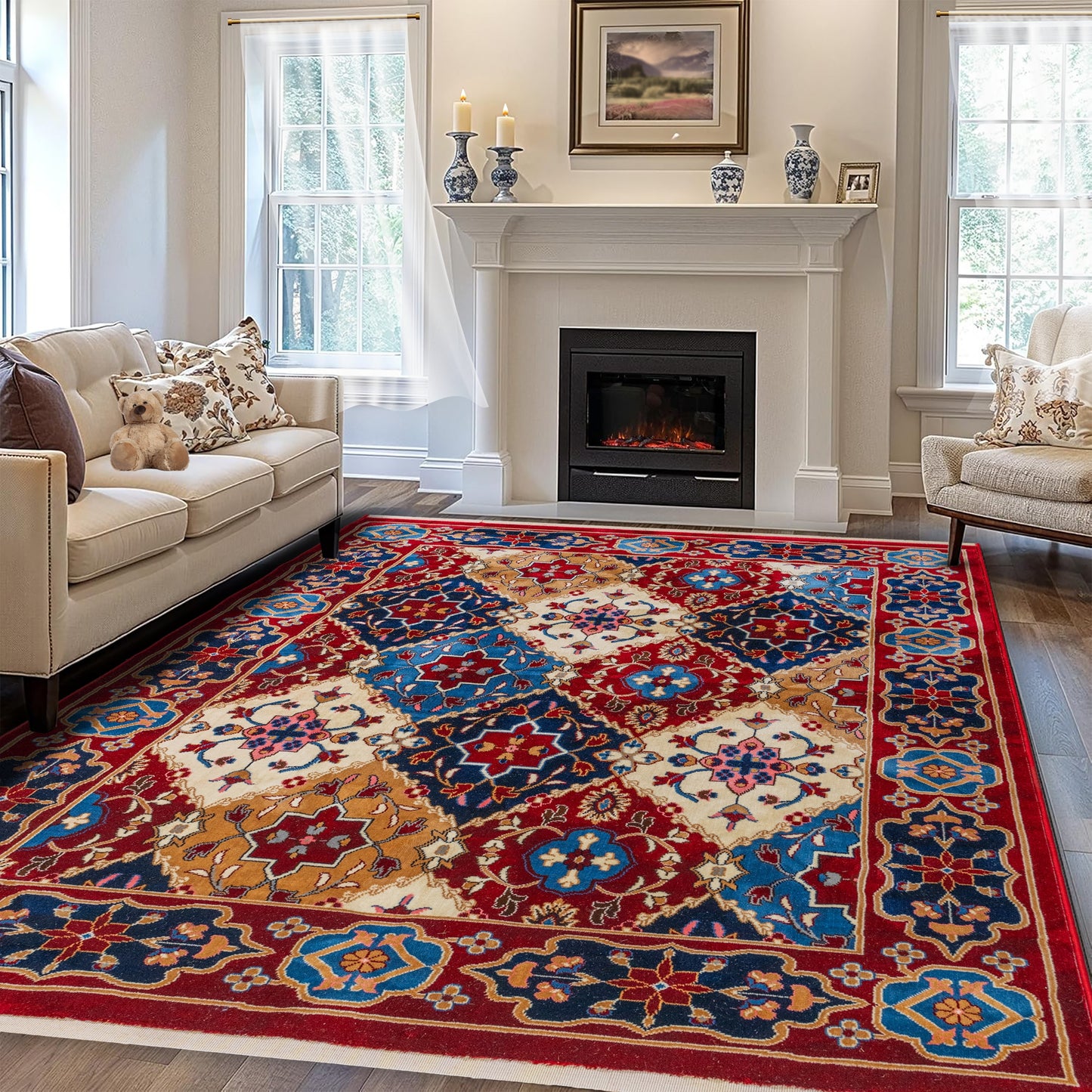 Living room featuring the Red Majesty Turkish rug with a colorful floral pattern, placed beneath a beige sofa and in front of a fireplace for a warm, vintage-inspired atmosphere