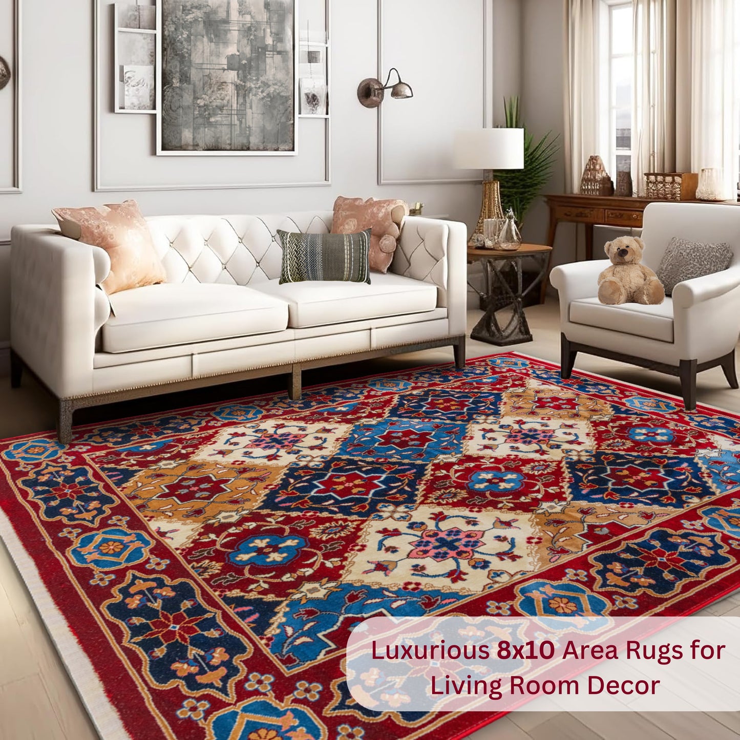 Living room styled with the Red Majesty Turkish rug, a colorful area rug with floral motifs, placed under a white sofa and beside an armchair for a vibrant, cozy aesthetic