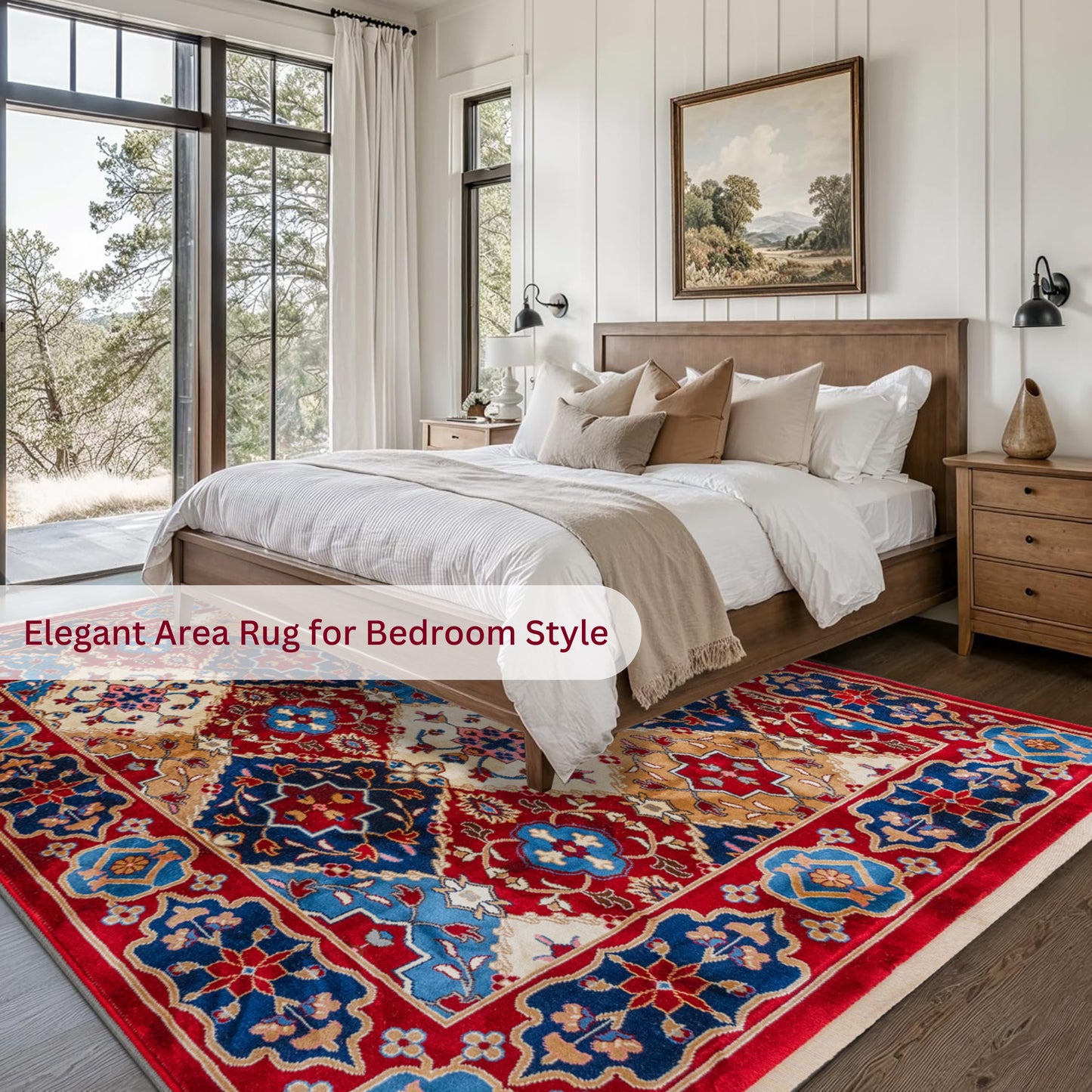 Bedroom featuring the Red Majesty Turkish rug, a colorful area rug with floral patterns, placed under a bed and paired with wooden furniture for a warm, vintage-inspired look