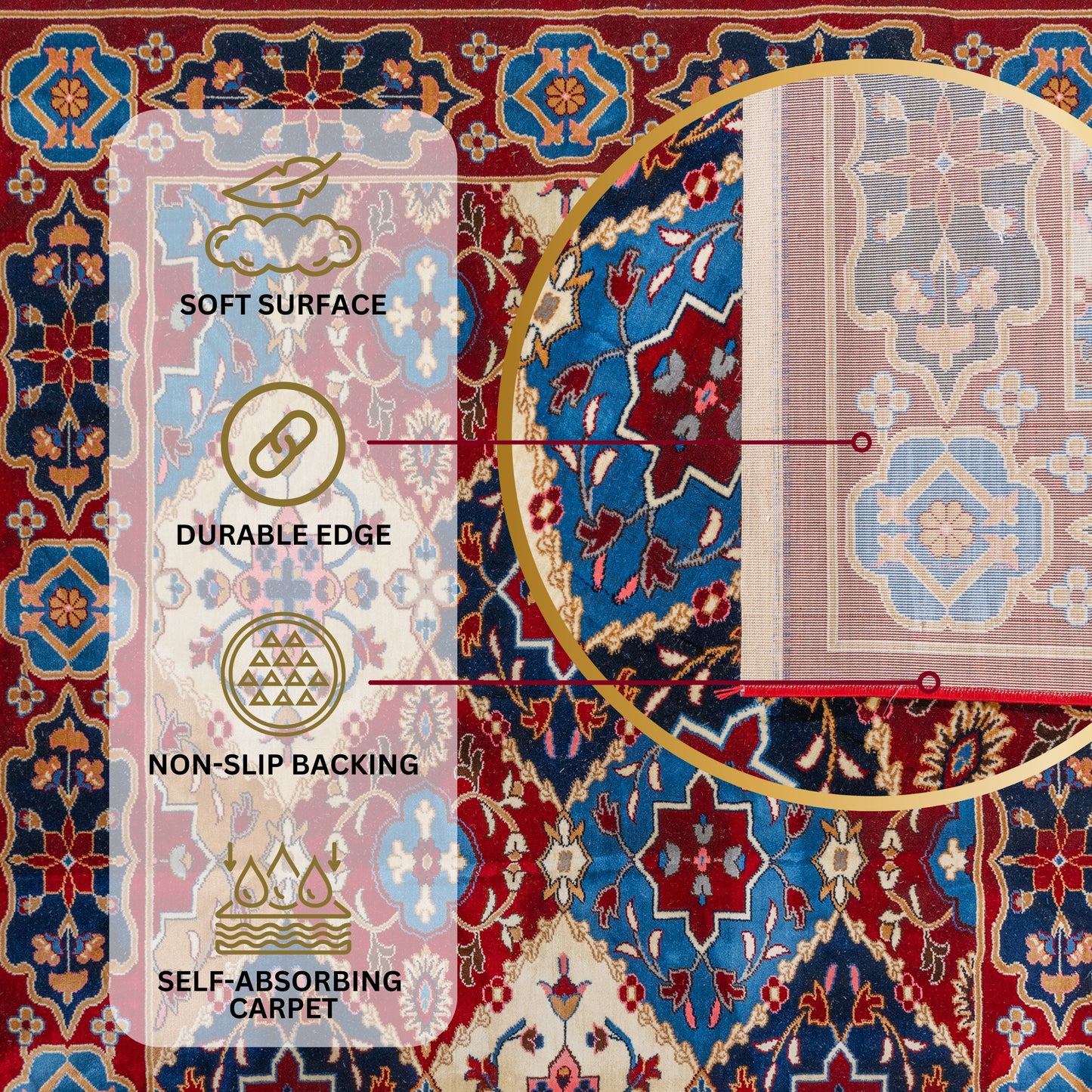 Decorative Red Majesty Turkish rug with overlay text highlighting its soft surface, durable stitched edges, non-slip jute backing, and self-absorbing carpet construction for lasting comfort and stability