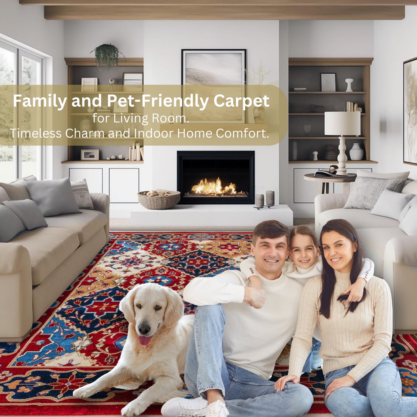 Family with a dog sitting on the Red Majesty Turkish rug in a cozy living room, highlighting its soft surface, pet-friendly durability, and spacious comfort for everyday family life
